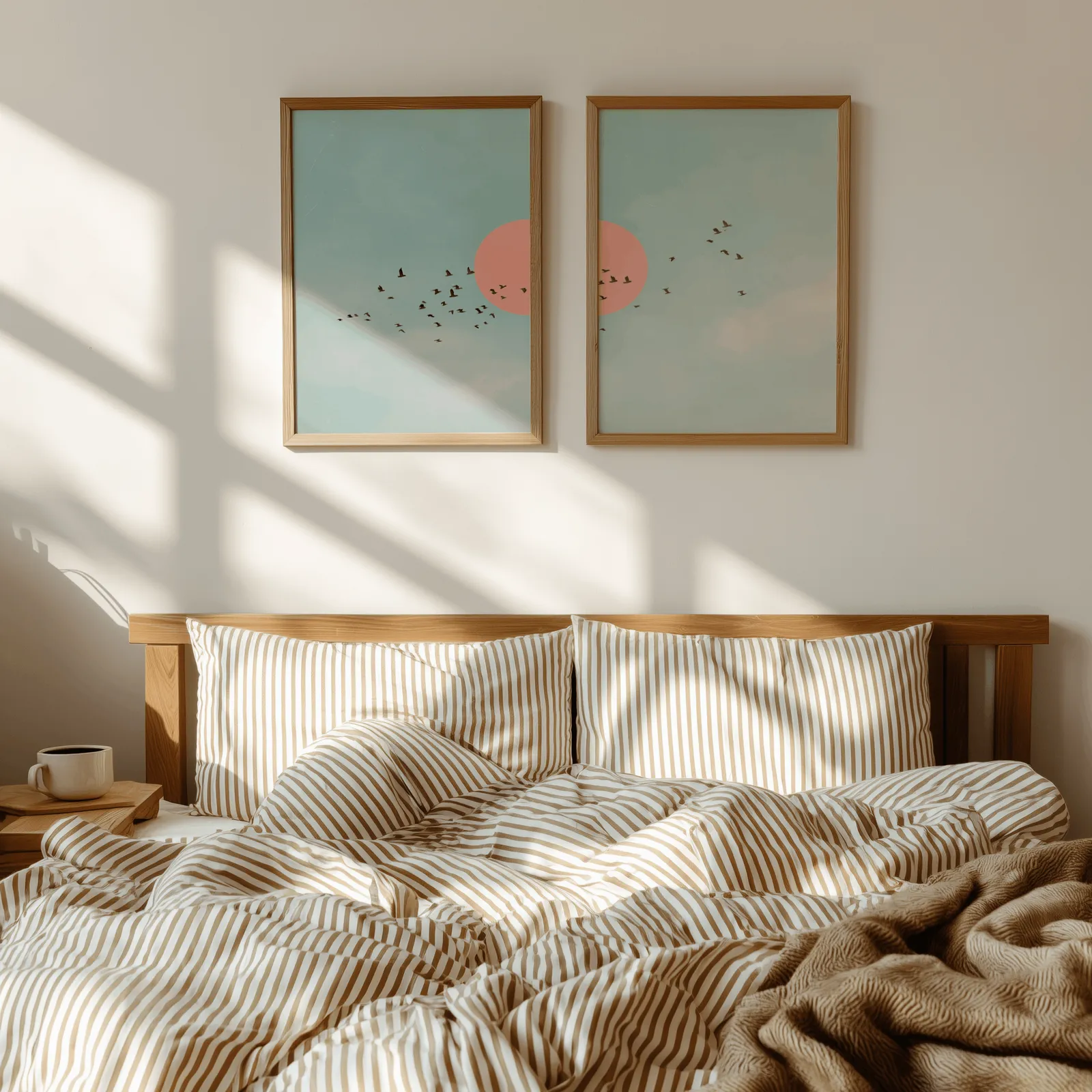 blue and pink bird wall art set of two, above a wooden headboard with striped bedding and raking sunlight
