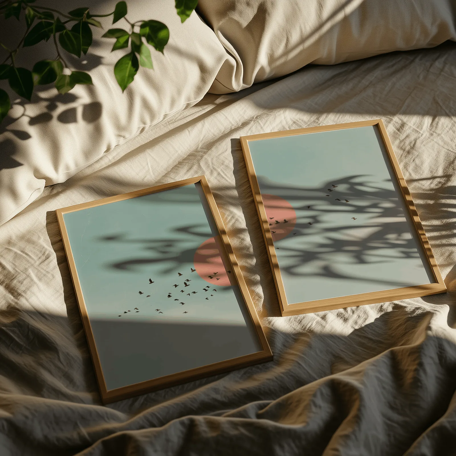 blue and pink bird wall art set of two, resting on rumpled linen sheets with dappled leaf shadows