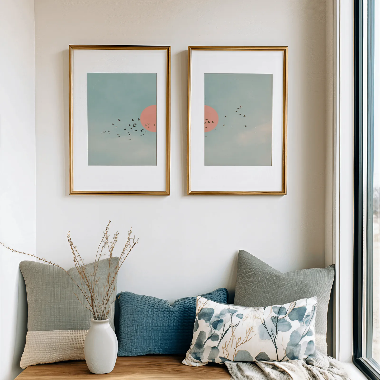 blue and pink bird wall art set of two, above a cushioned window seat with sage and blue pillows