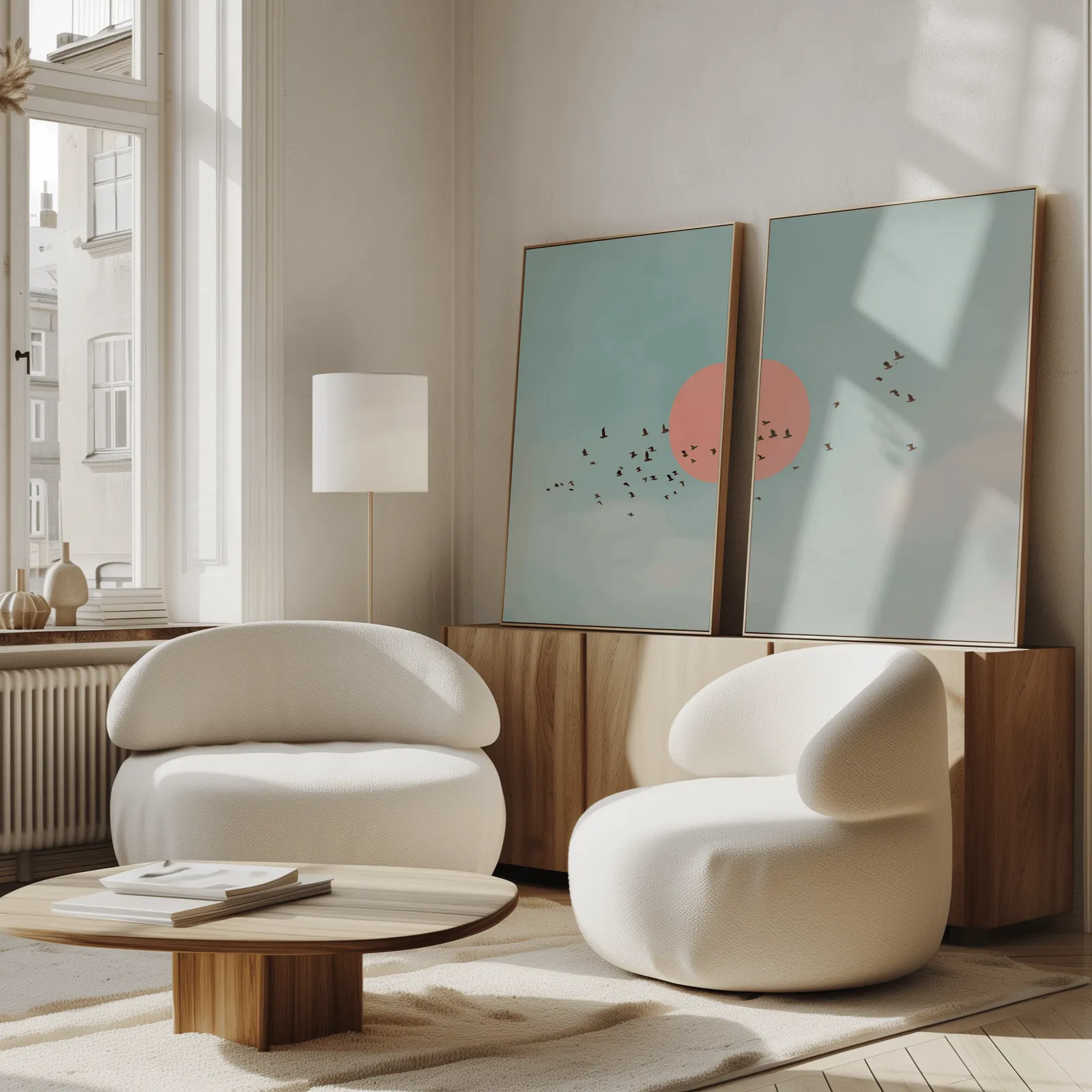 blue and pink bird wall art set of two, propped against a wooden sideboard beside boucle armchairs
