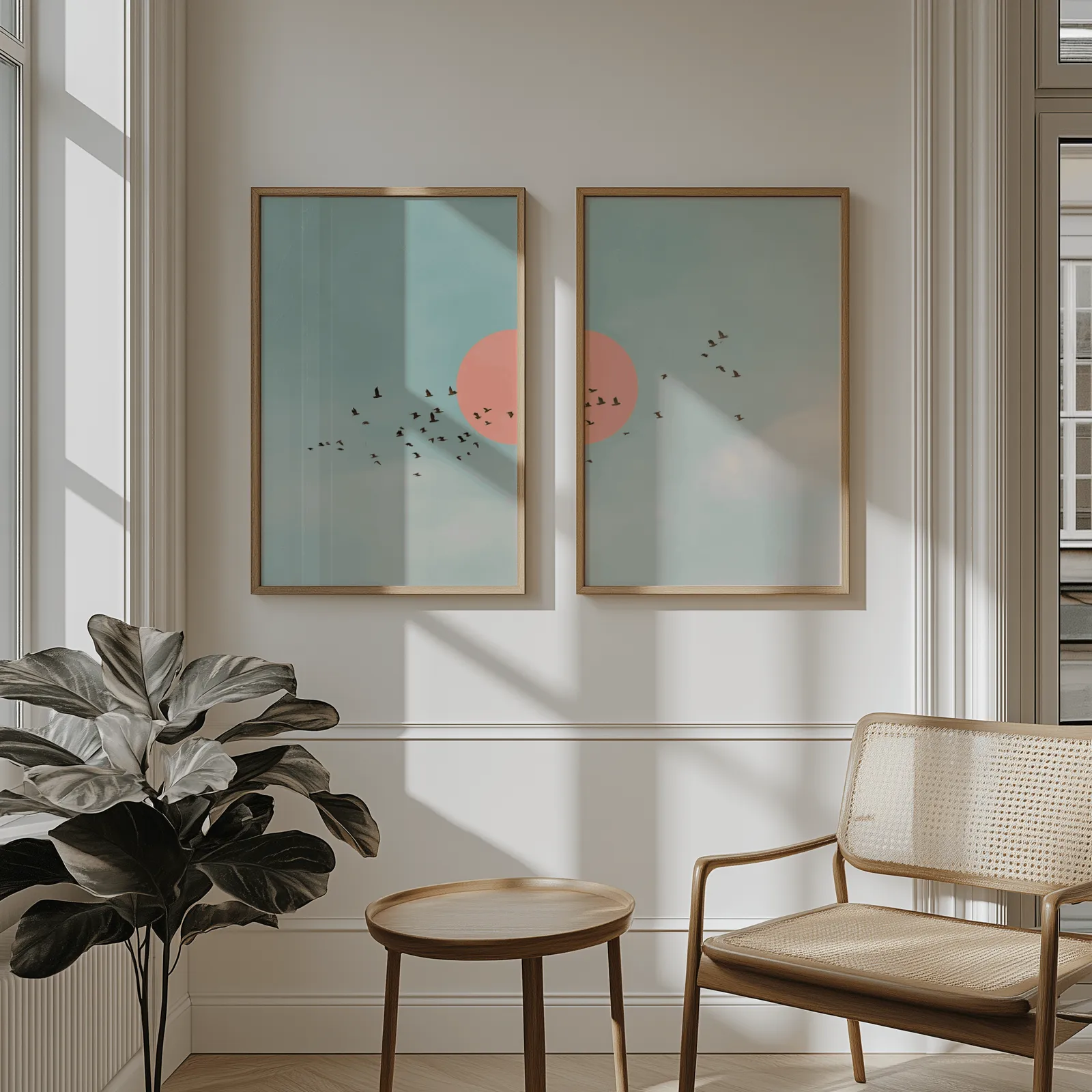 blue and pink bird wall art set of two, above wainscoting beside a cane armchair and fiddle-leaf fig