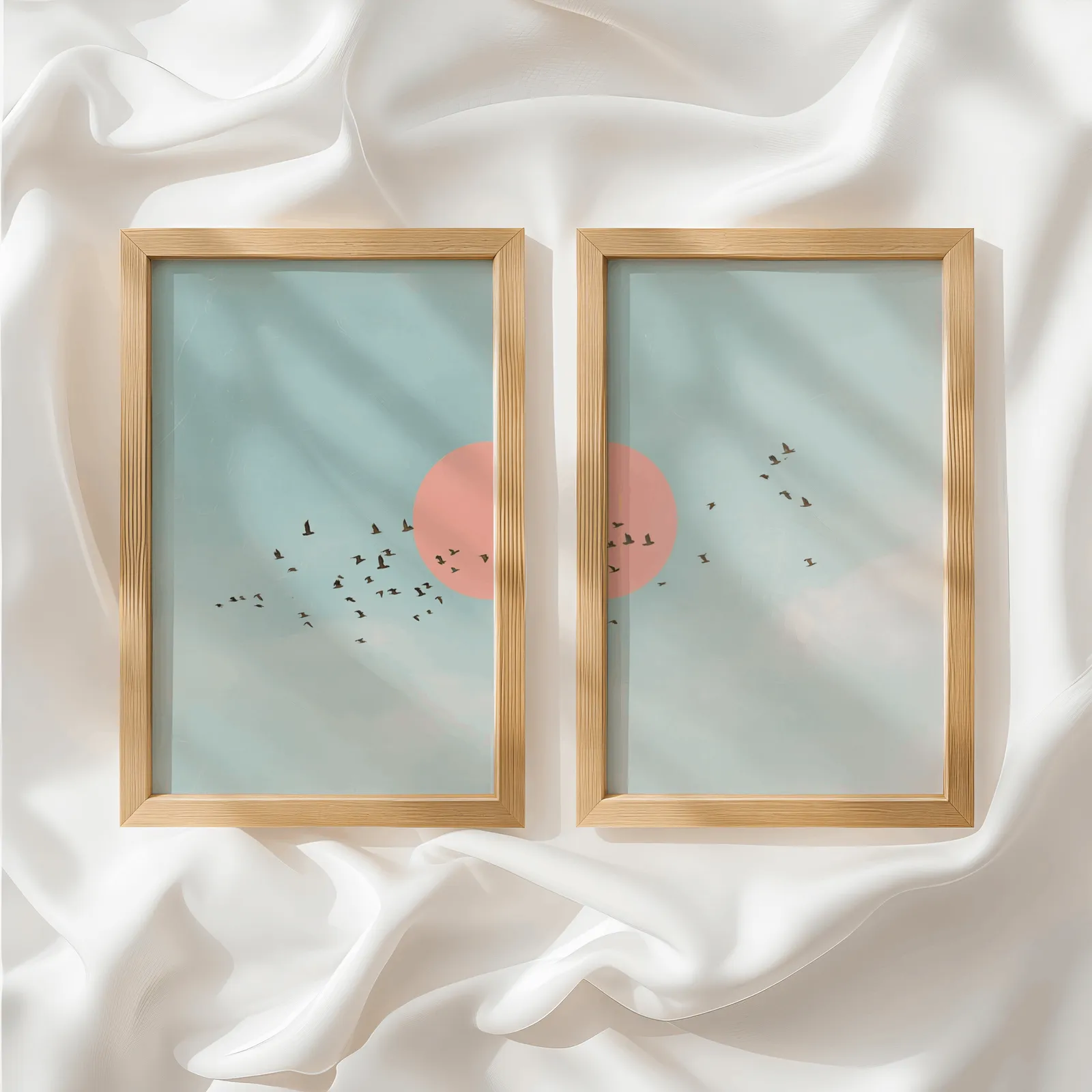 blue and pink bird wall art set of two, side by side atop rumpled white silky fabric