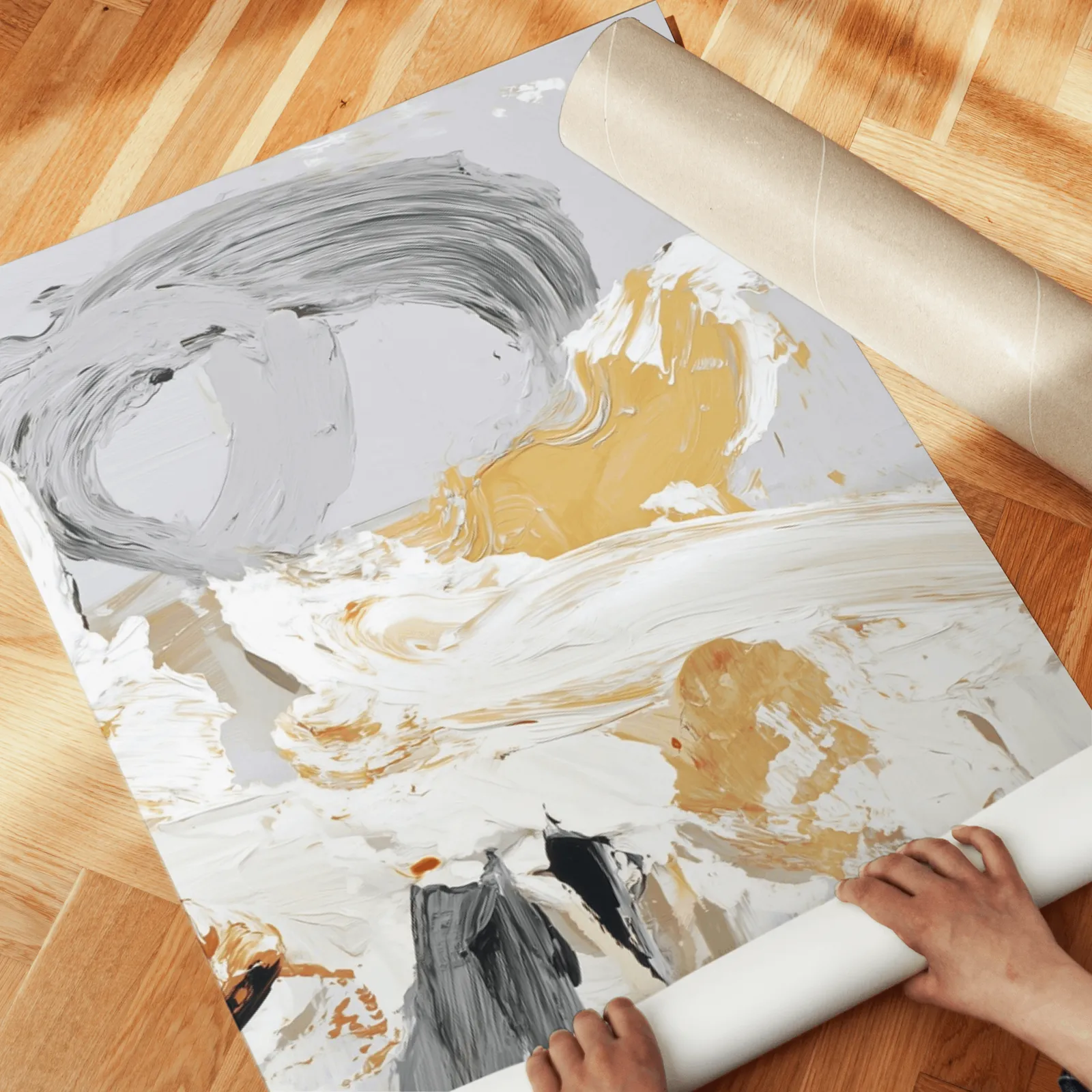 orange and grey abstract wall art set of two, unrolled across a herringbone parquet floor by hand