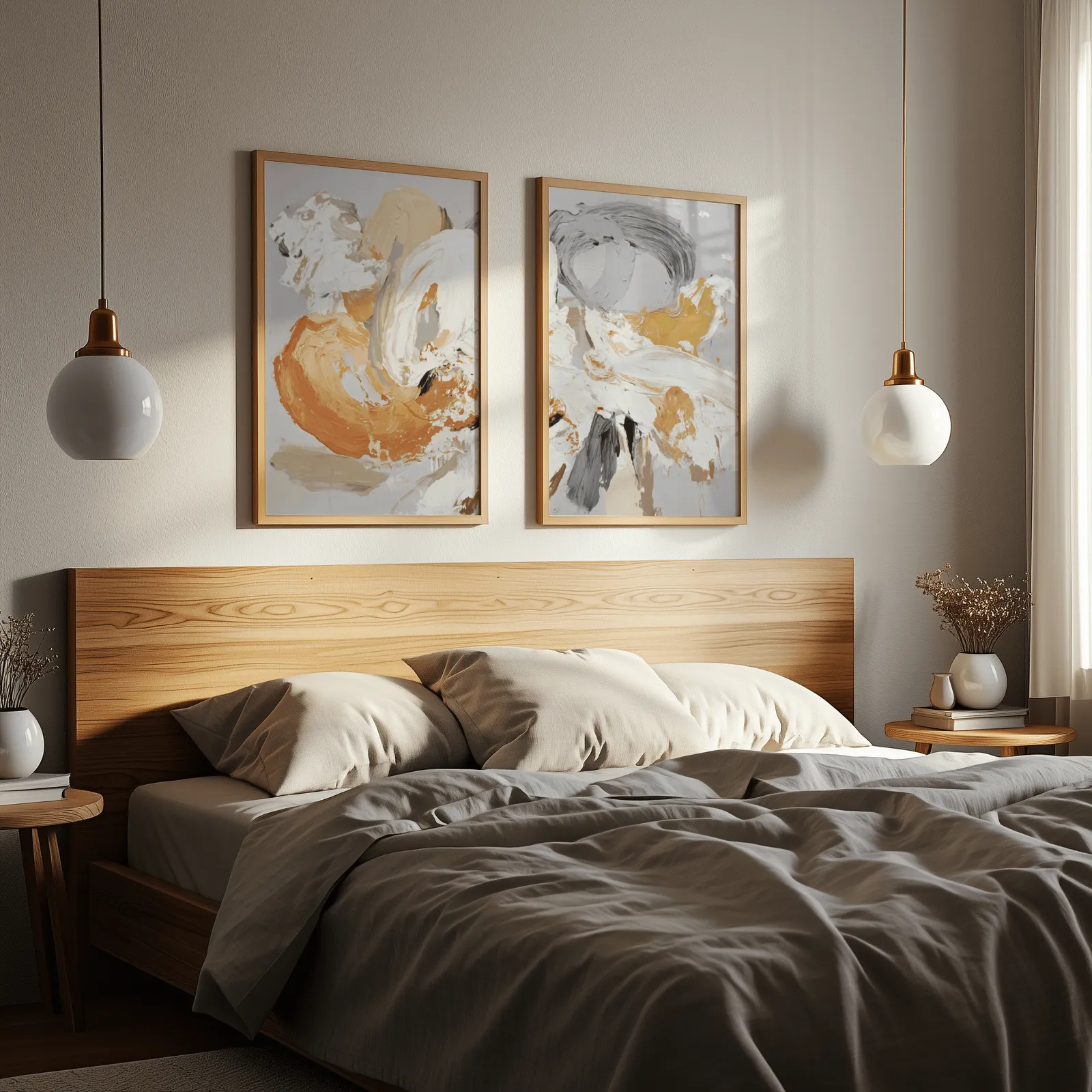 orange and grey abstract wall art set of two, above a wooden headboard flanked by globe pendant lights