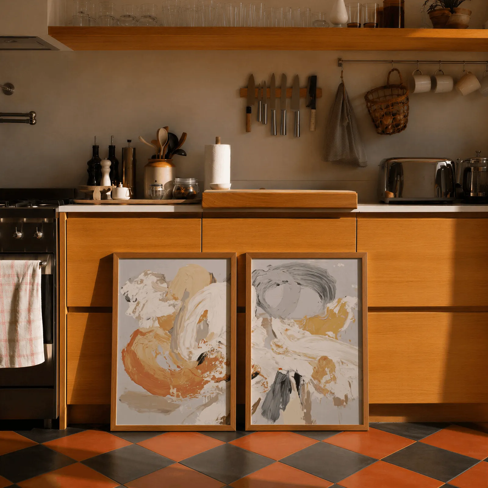orange and grey abstract wall art set of two, leaning against wooden cabinets on terracotta tiled floor