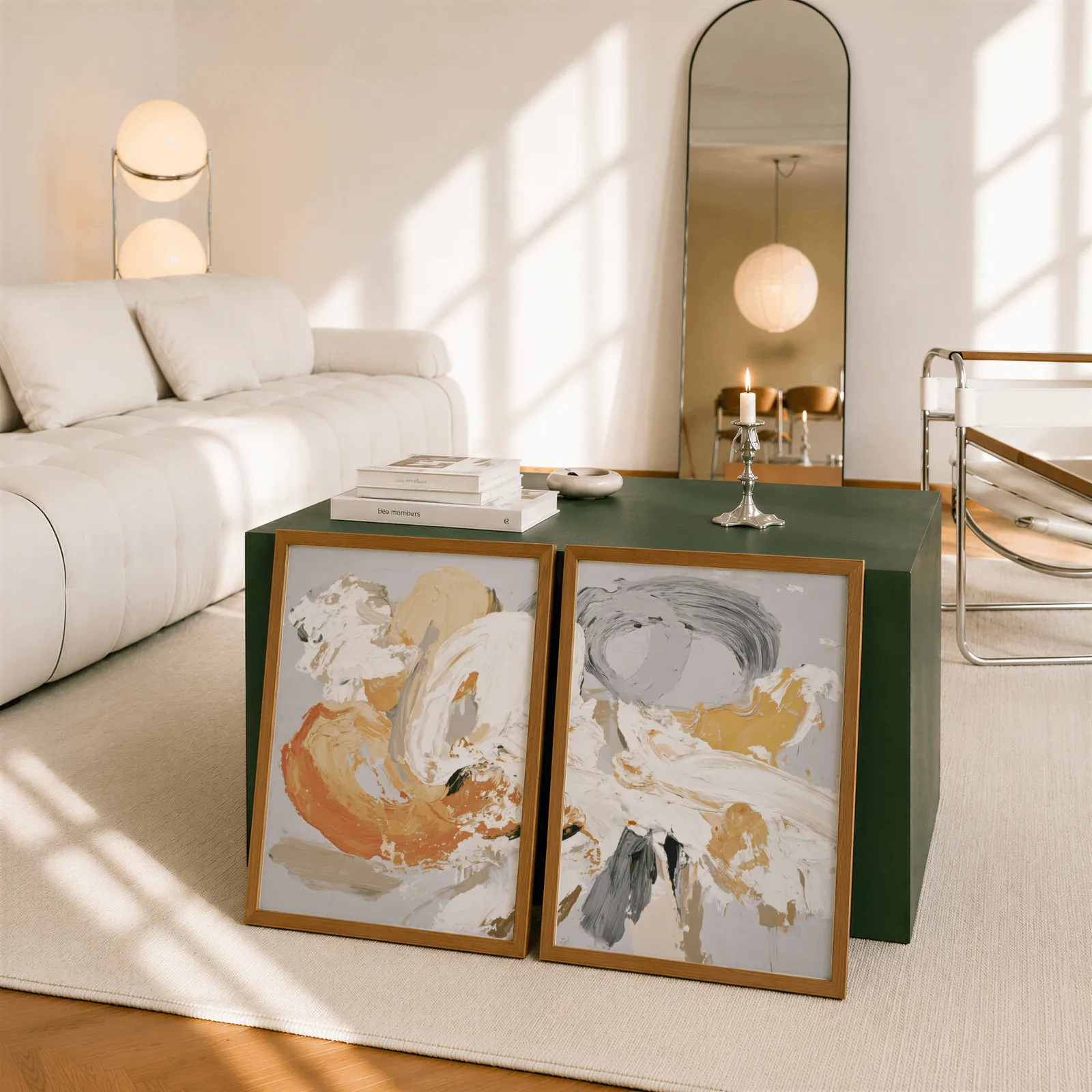 orange and grey abstract wall art set of two, leaning against a dark green cube table beside an arched mirror