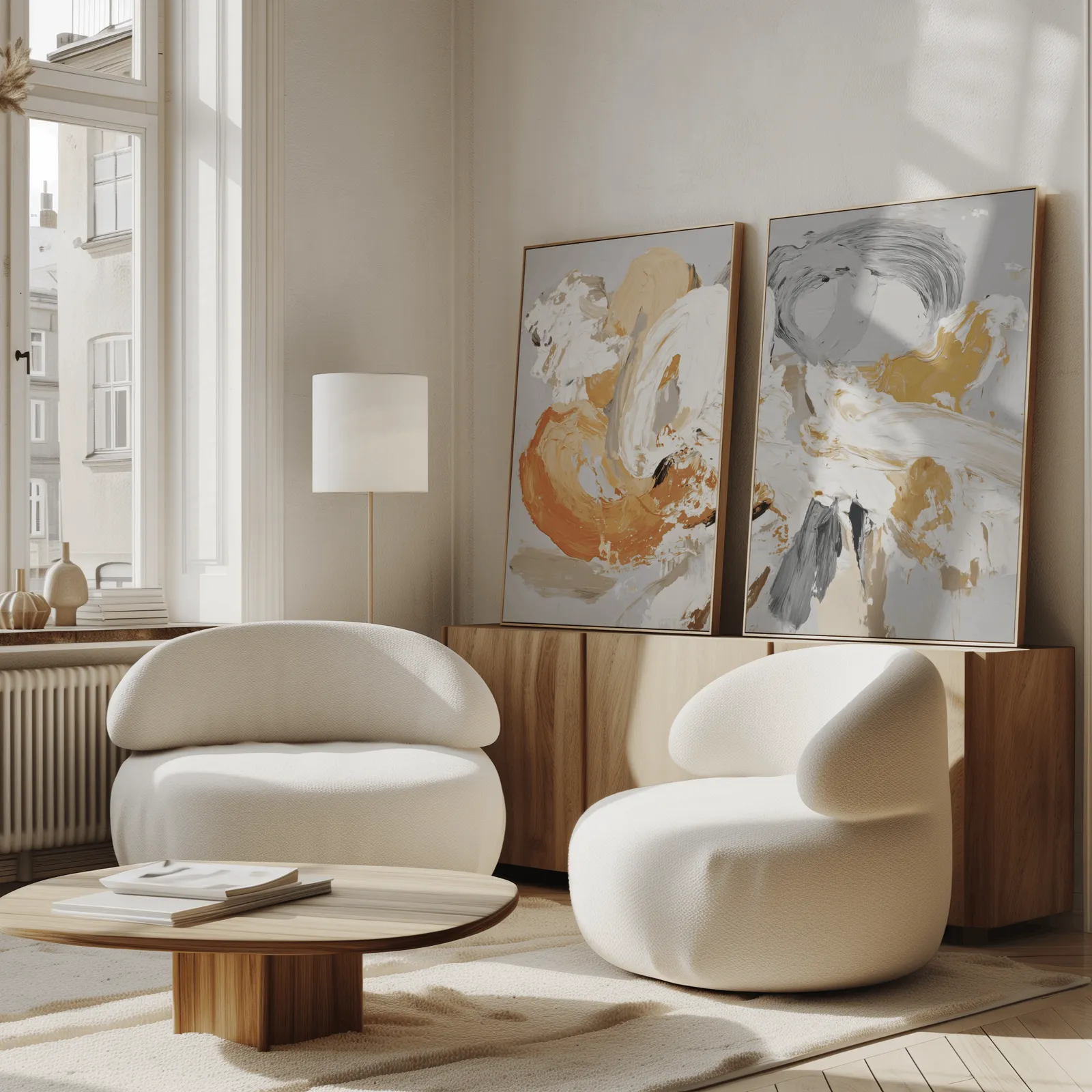 orange and grey abstract wall art set of two, propped against a wooden sideboard beside boucle armchairs