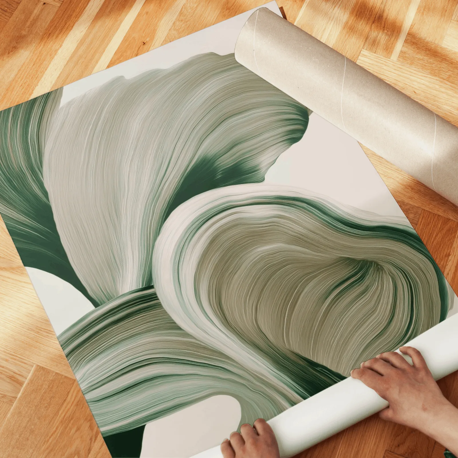 green abstract botanical wall art set of two, unrolled across a herringbone parquet floor by hand