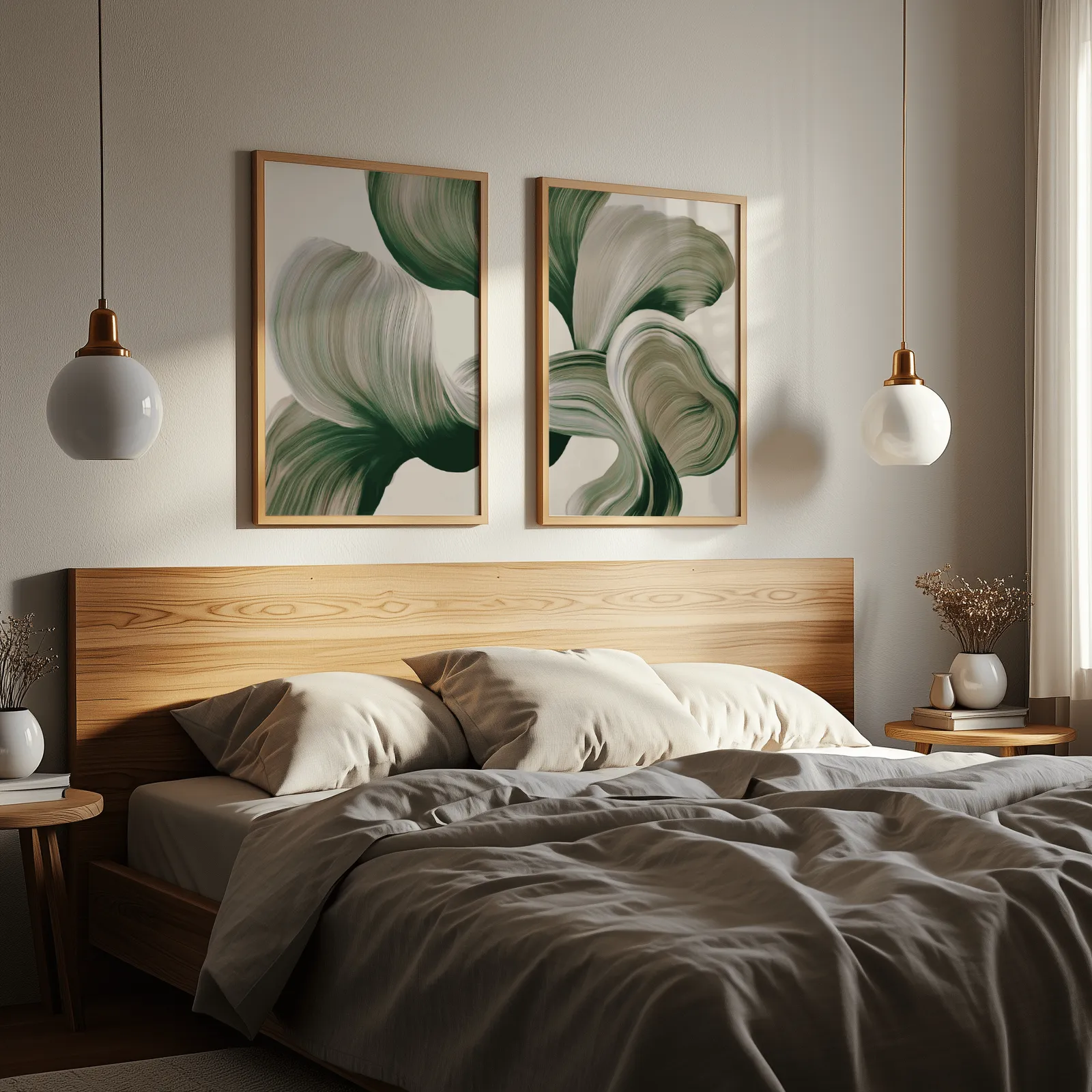 green abstract botanical wall art set of two, above a wooden headboard flanked by globe pendant lights