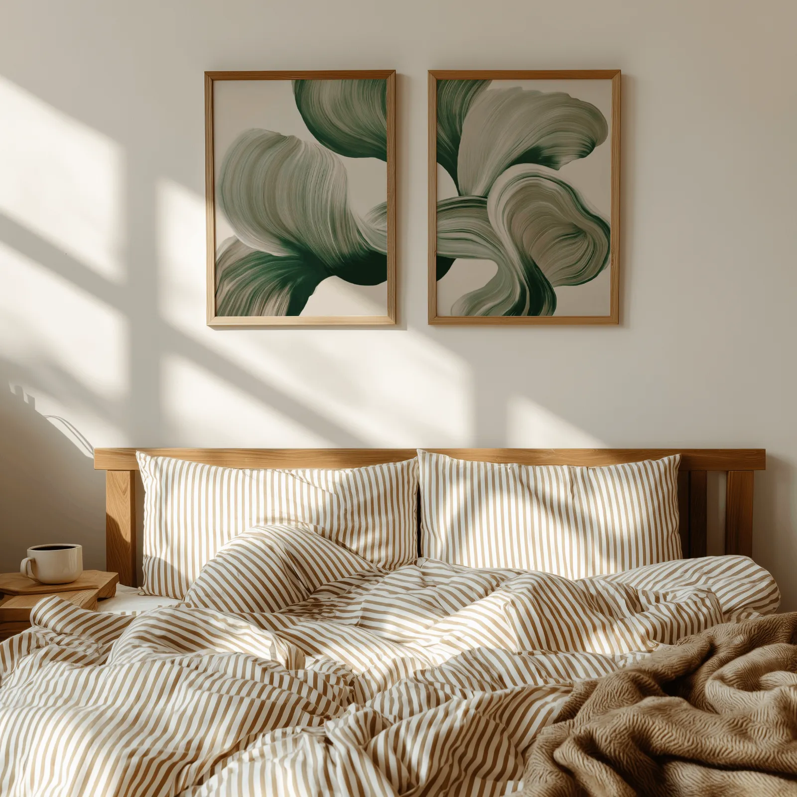 green abstract botanical wall art set of two, above a wooden headboard with striped bedding and raking sunlight