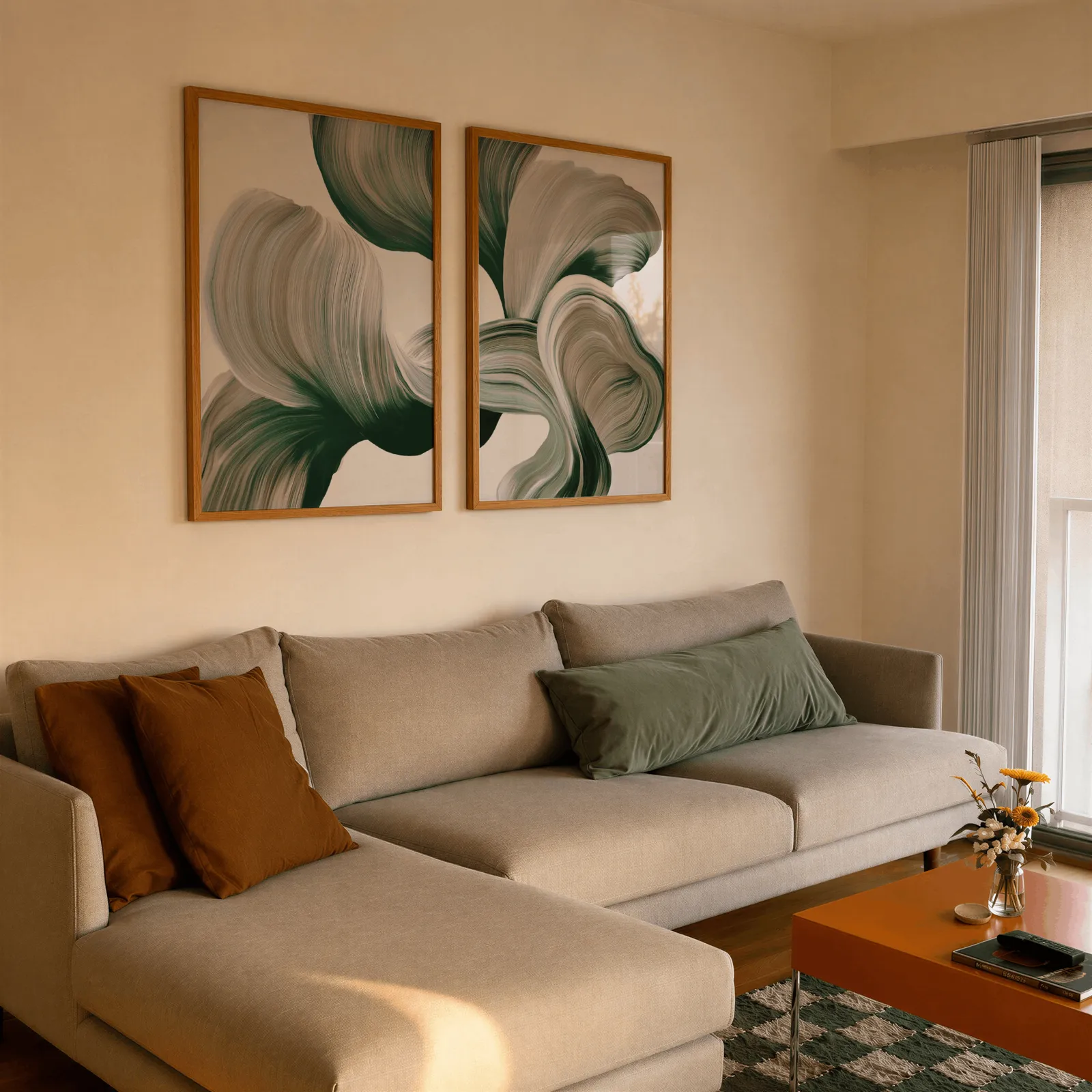 green abstract botanical wall art set of two, side by side above a beige sectional sofa