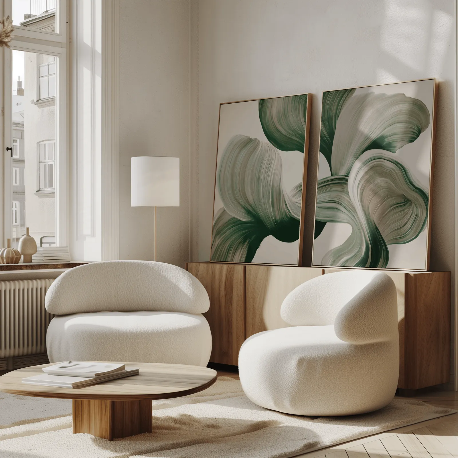 green abstract botanical wall art set of two, propped against a wooden sideboard beside boucle armchairs