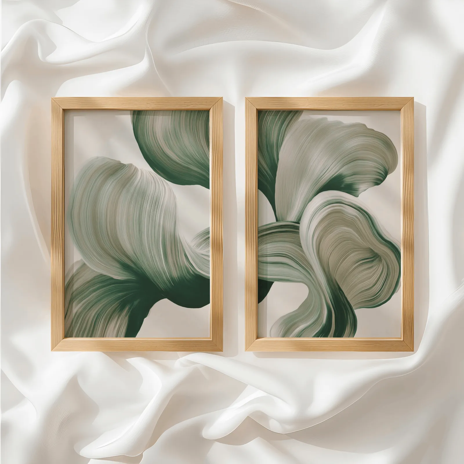 green abstract botanical wall art set of two, side by side atop rumpled white silky fabric
