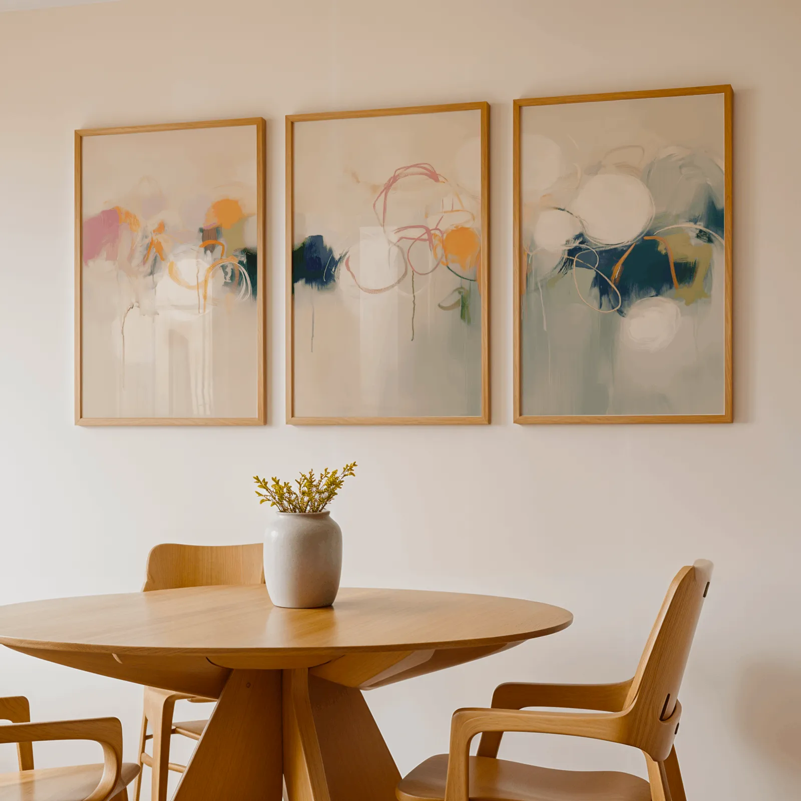 colorful abstract triptych wall art in pink orange and blue, above a round wooden table with a stoneware vase