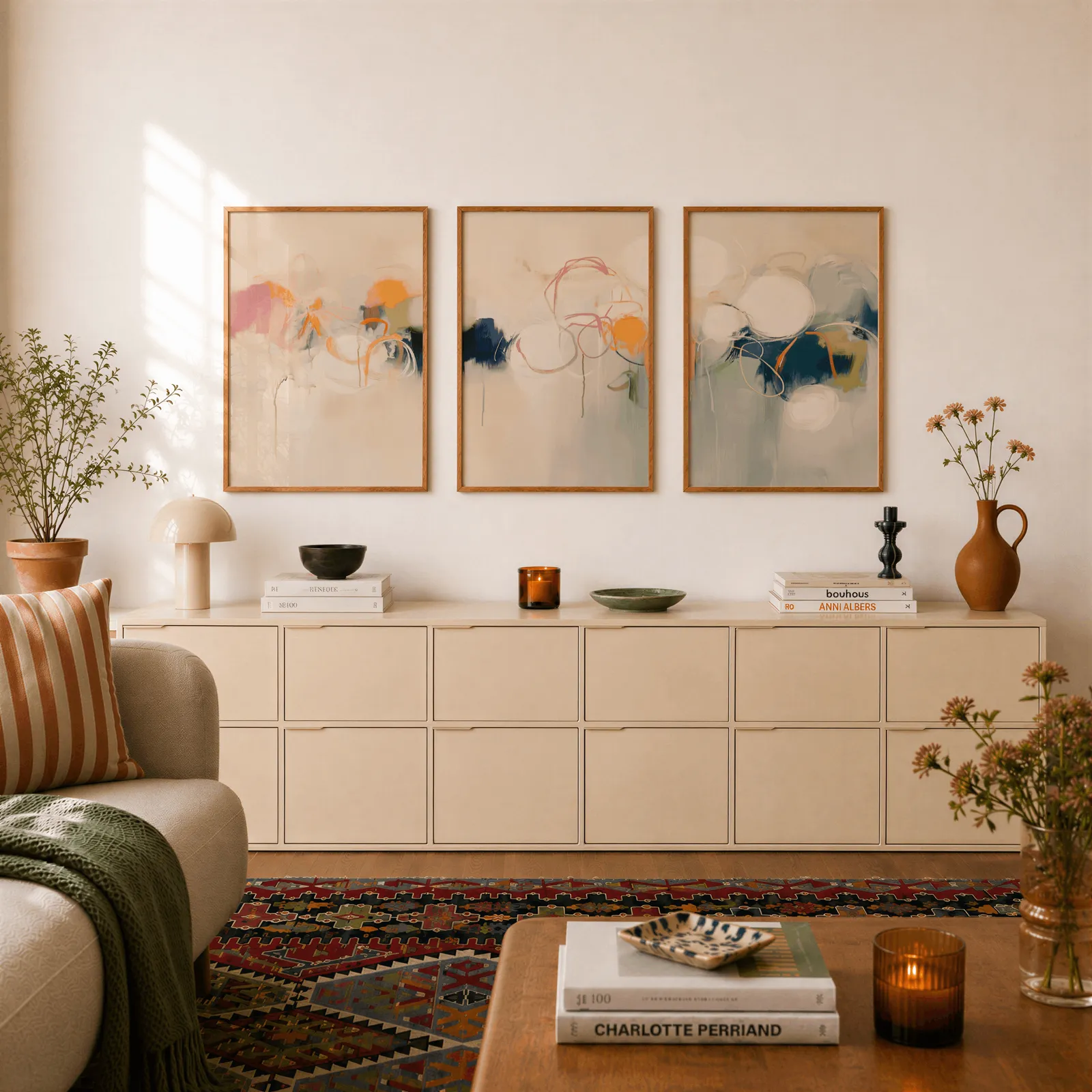 colorful abstract triptych wall art in pink orange and blue, above a long cream sideboard topped with books and a terracotta jug