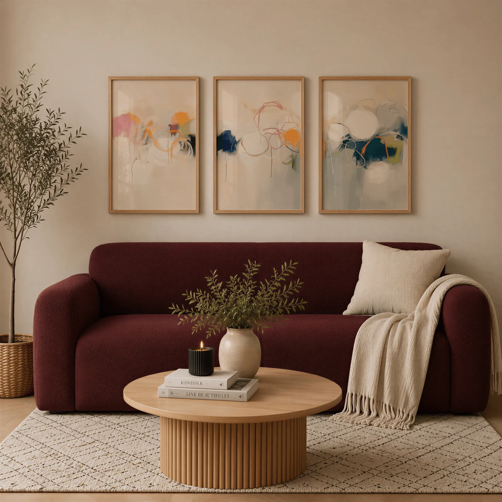 colorful abstract triptych wall art in pink orange and blue, above a burgundy boucle sofa with a cream throw