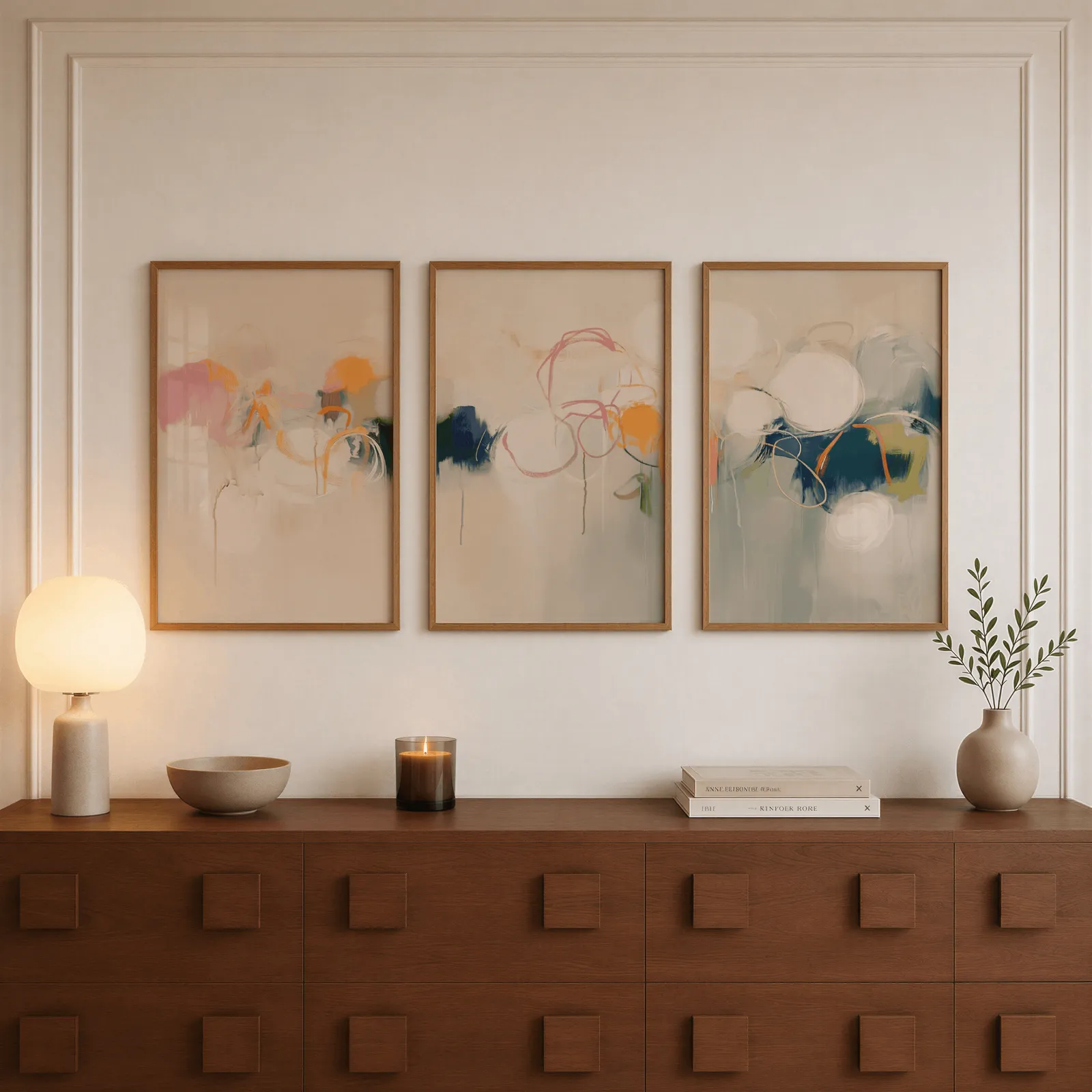 colorful abstract triptych wall art in pink orange and blue, above a walnut sideboard with a lit candle and glowing lamp