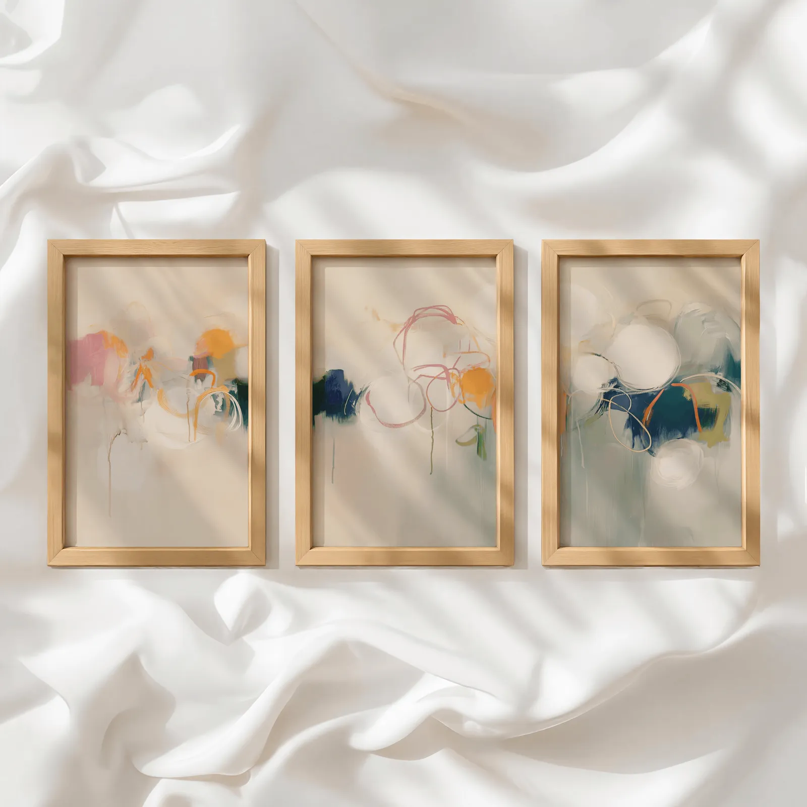 colorful abstract triptych wall art in pink orange and blue, in a row atop rumpled white silky fabric