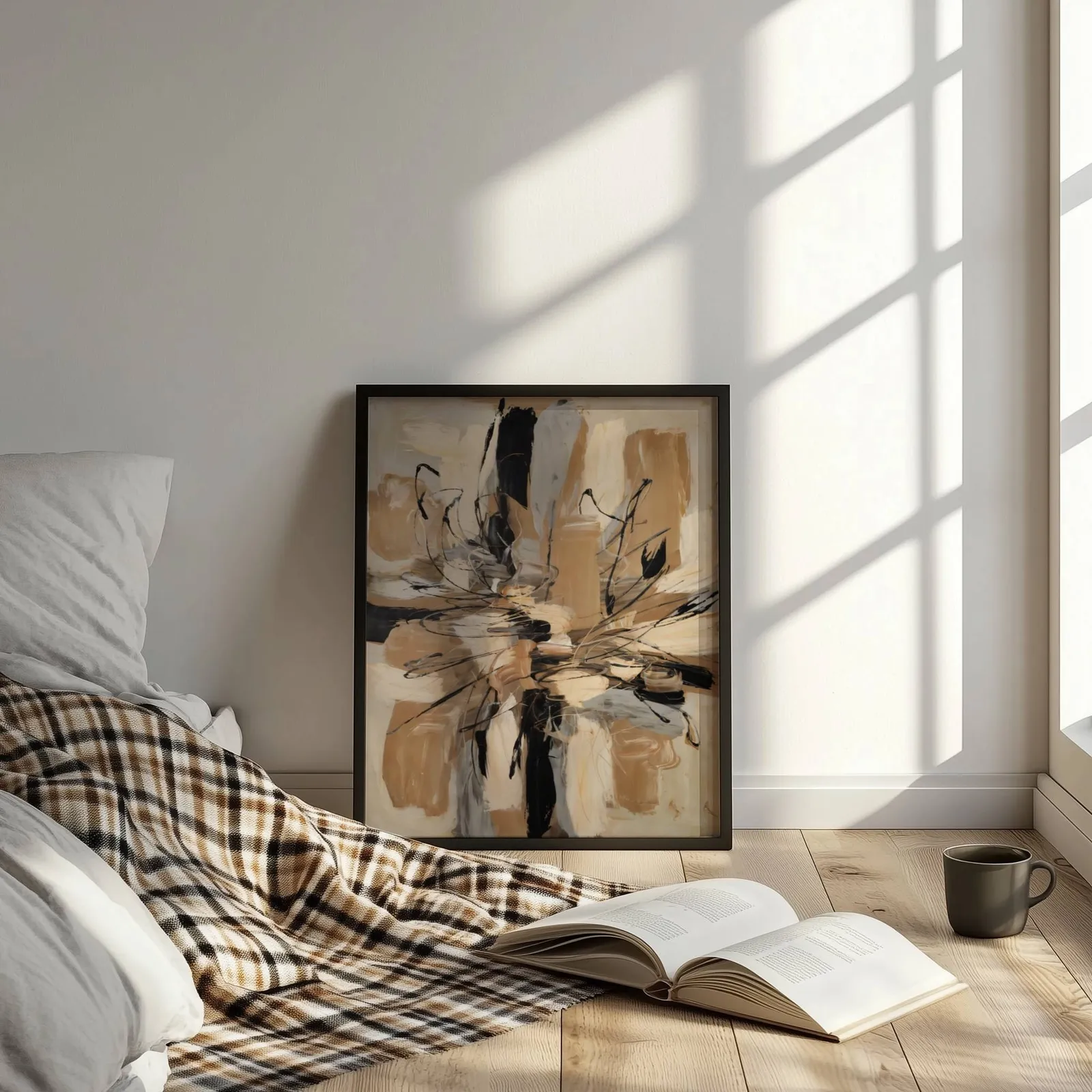 abstract wall art in beige and black, leaning on the floor beside a plaid throw and open book