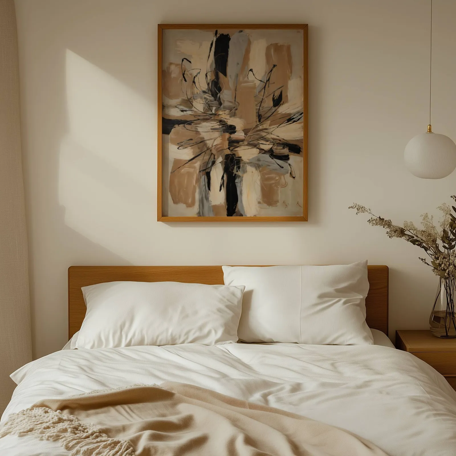 abstract wall art in beige and black, above a wooden headboard with white linen pillows