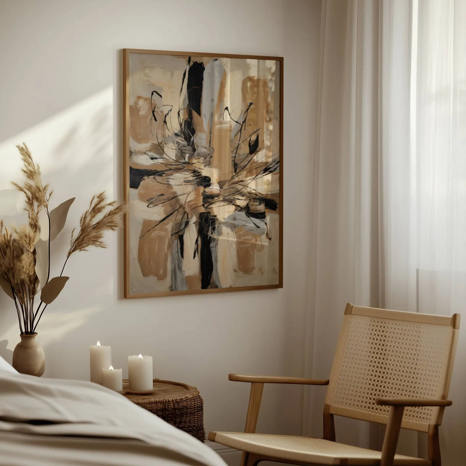 abstract wall art in beige and black, above a woven side table with lit candles and pampas grass