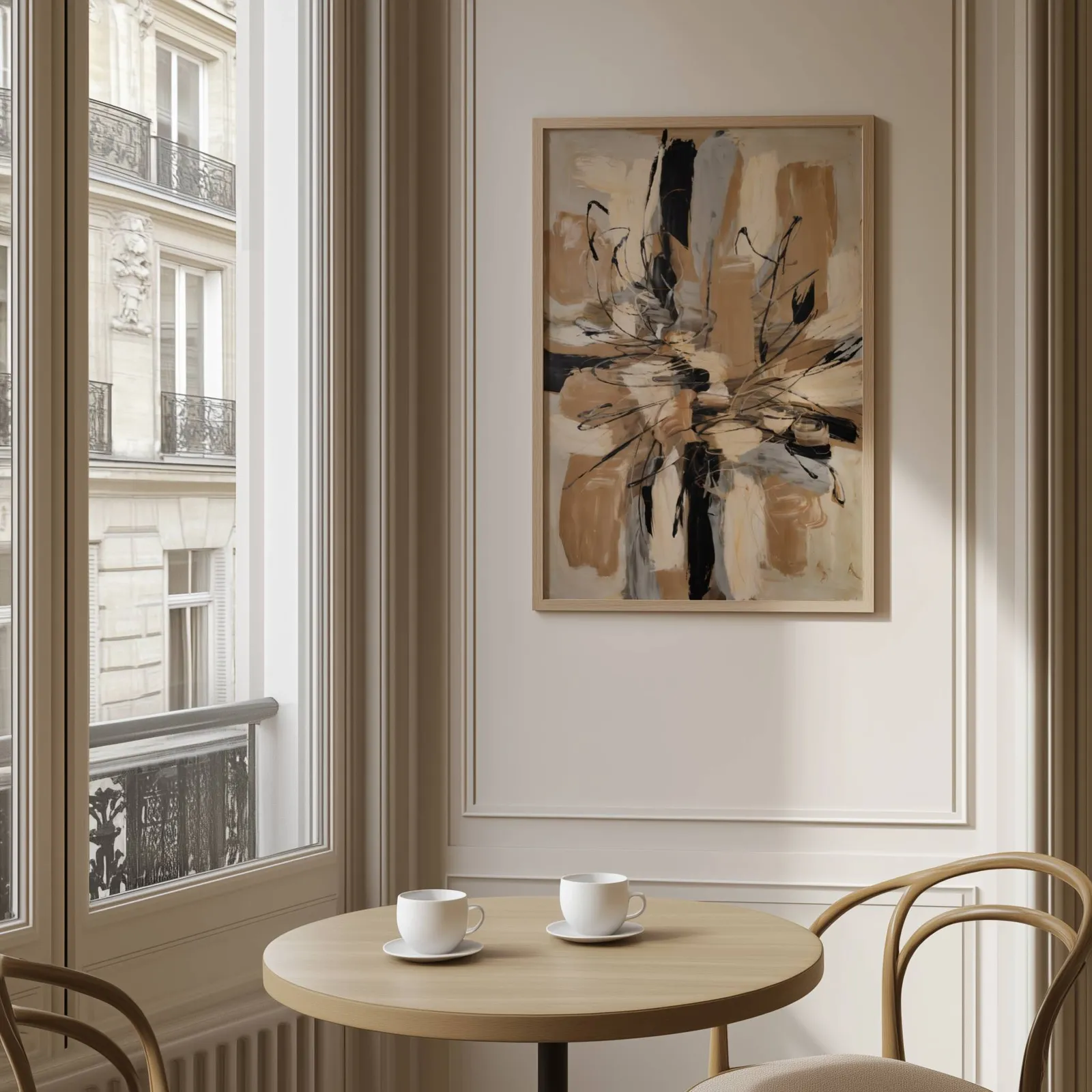 abstract wall art in beige and black, above a round café table set with two coffee cups