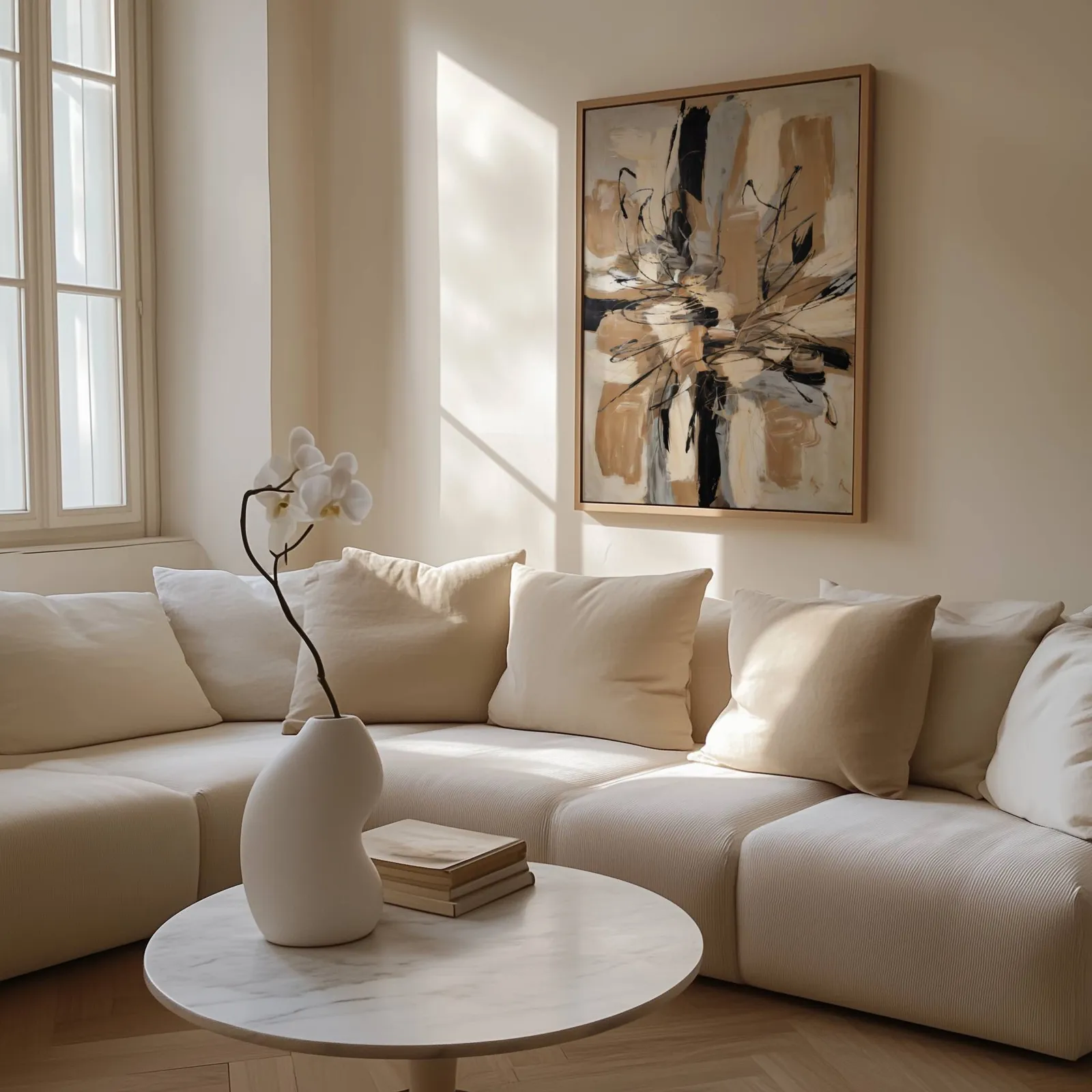 abstract wall art in beige and black, above a cream sectional beside a tall sunlit window