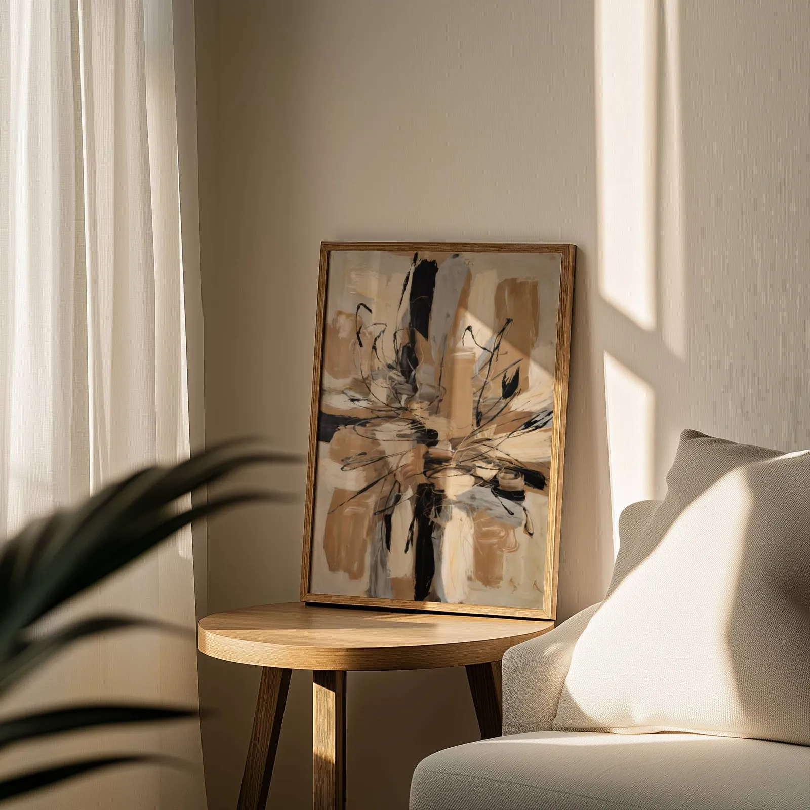 abstract wall art in beige and black, leaning on a round wooden side table by a sheer curtain