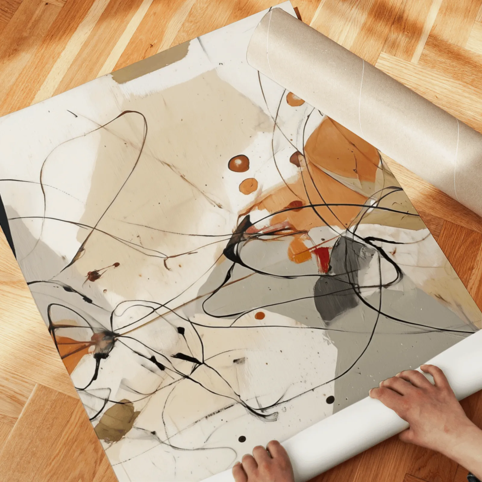 abstract terracotta and black three piece wall art, unrolled across a herringbone wood floor by hand