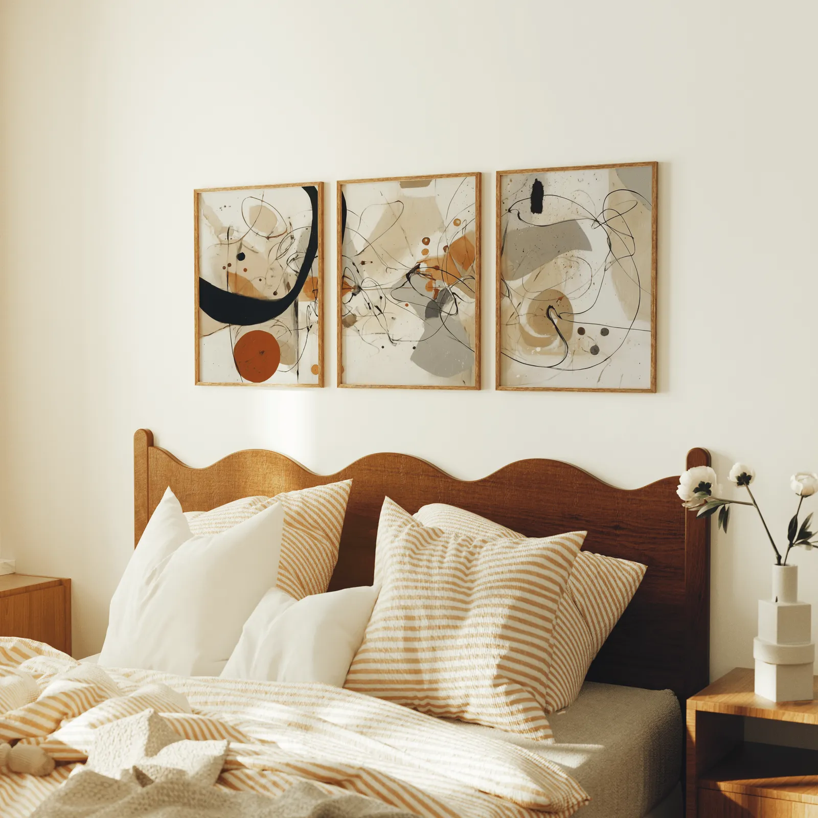 abstract terracotta and black three piece wall art, above a scalloped wooden headboard with striped pillows