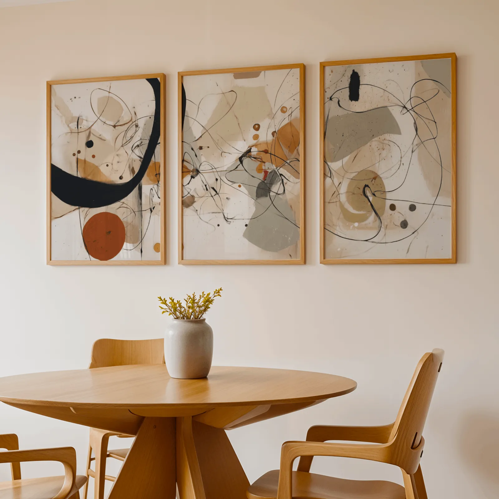 abstract terracotta and black three piece wall art, above a round wooden table with a stoneware vase