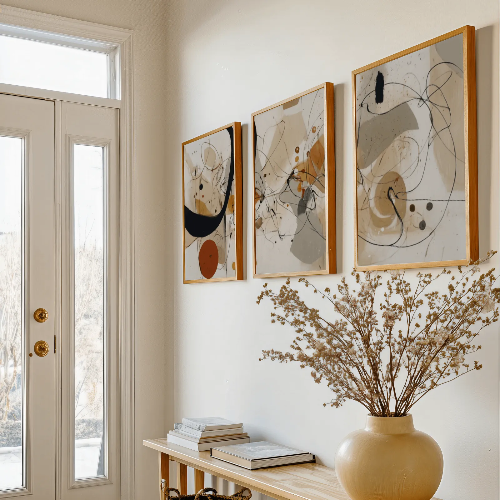 abstract terracotta and black three piece wall art, above a console table with a yellow vase of dried branches