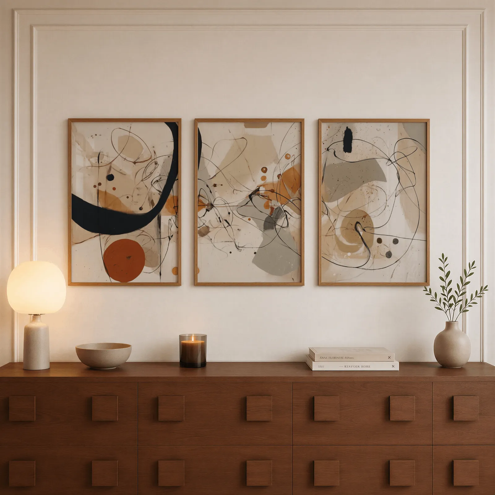 abstract terracotta and black three piece wall art, above a walnut sideboard with a lit candle and glowing lamp