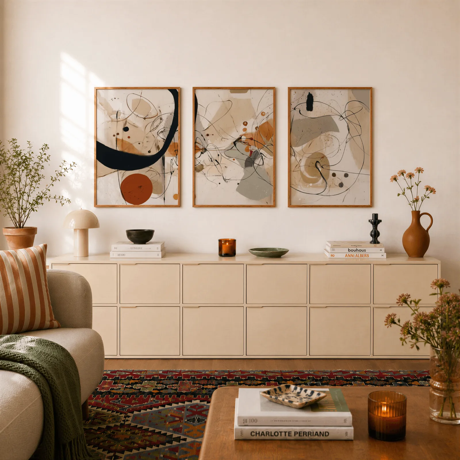 abstract terracotta and black three piece wall art, above a long cream sideboard topped with books and a terracotta jug
