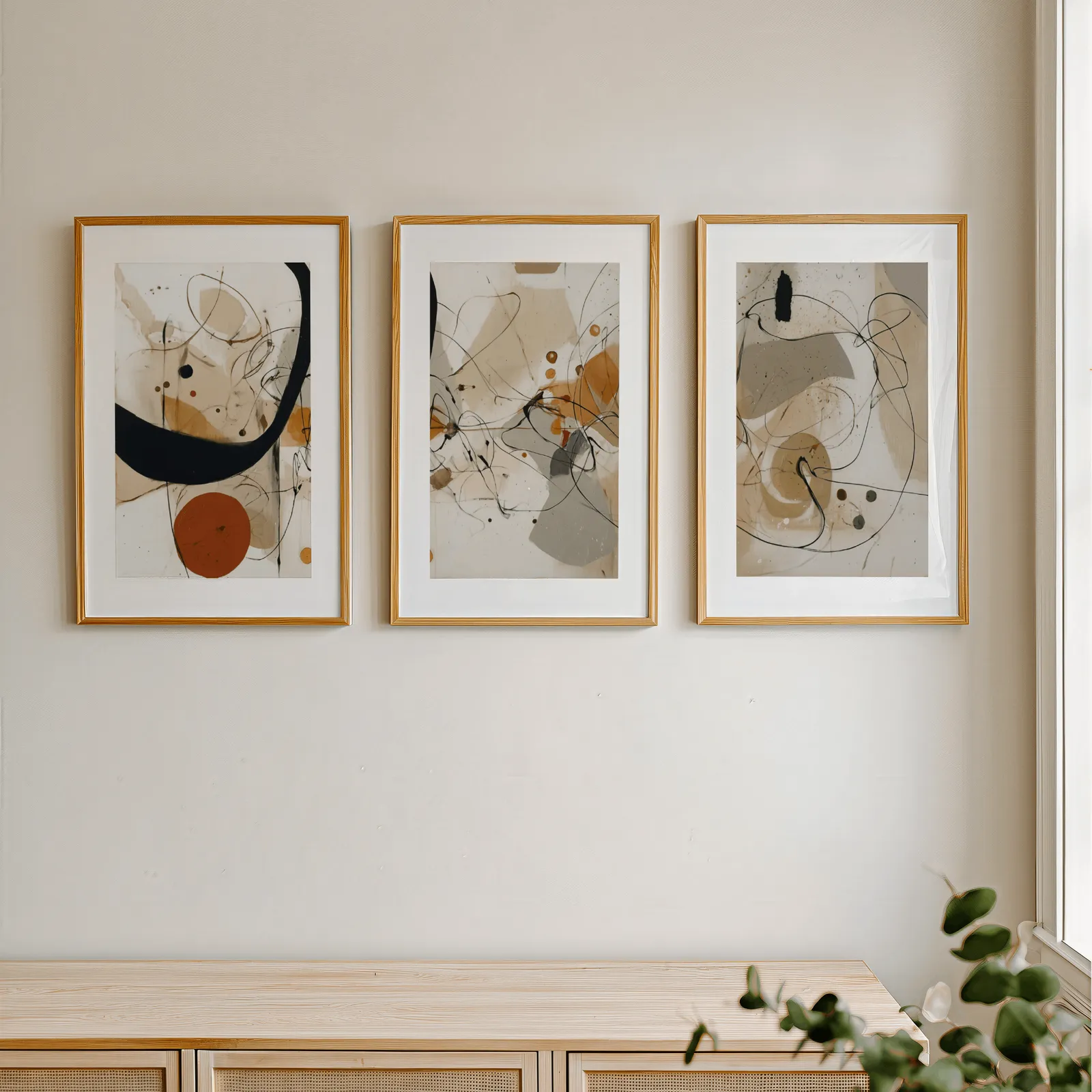 abstract terracotta and black three piece wall art, in a row above a light wooden sideboard near a window