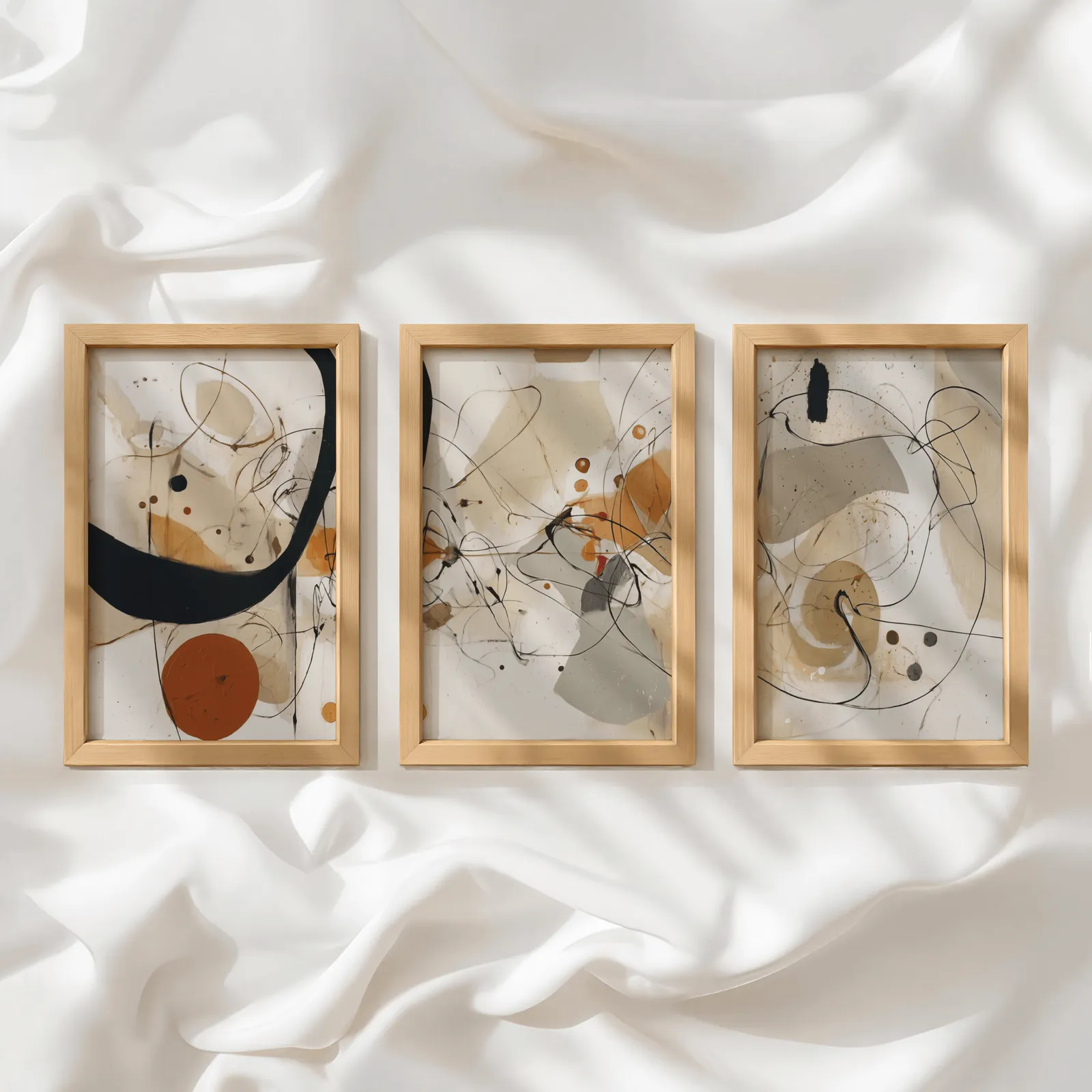 abstract terracotta and black three piece wall art, in a row atop rumpled white silky fabric