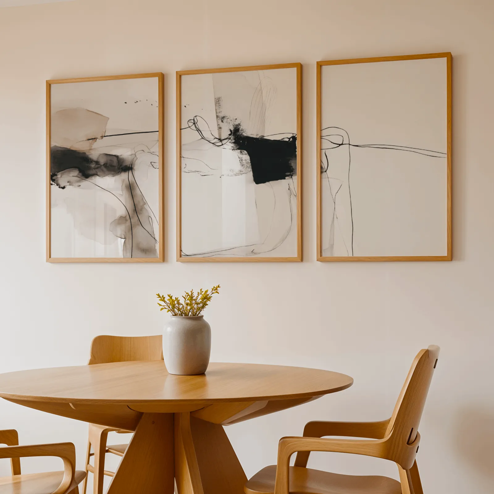 neutral abstract minimalist wall art set of 3, above a round wooden table with a stoneware vase