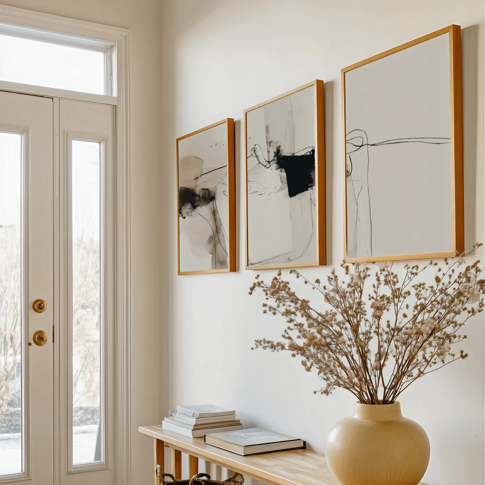 neutral abstract minimalist wall art set of 3, above a console table with a yellow vase of dried branches