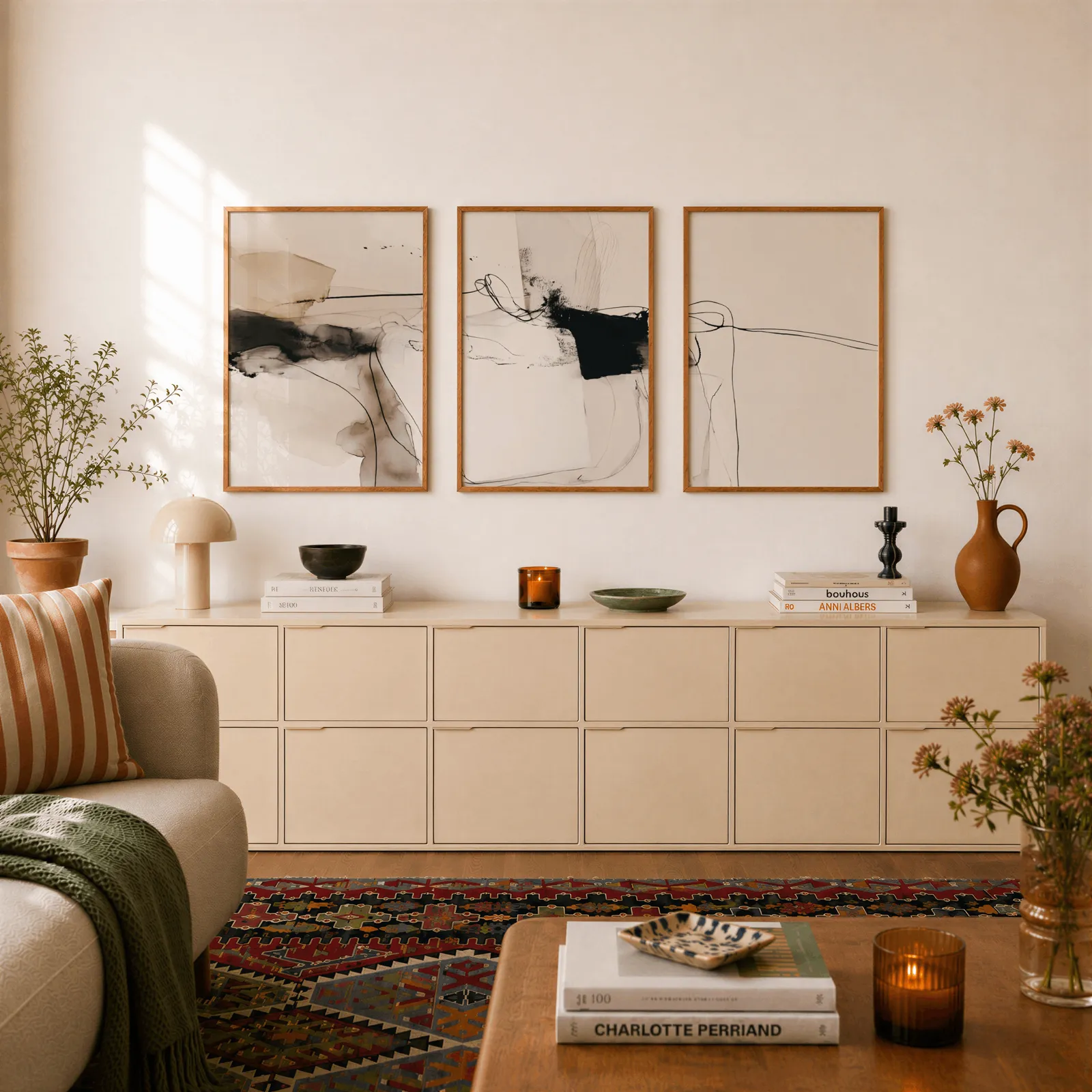 neutral abstract minimalist wall art set of 3, above a long cream sideboard topped with books and a terracotta jug