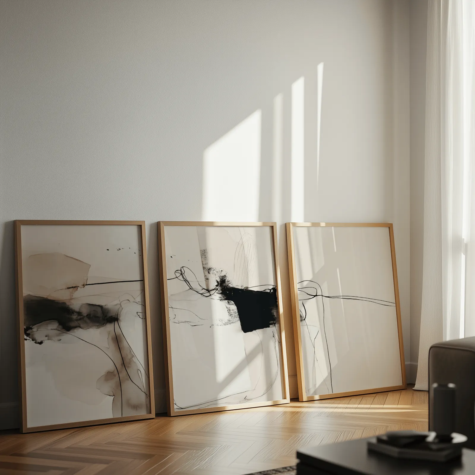 neutral abstract minimalist wall art set of 3, leaning against a sunlit wall on herringbone flooring