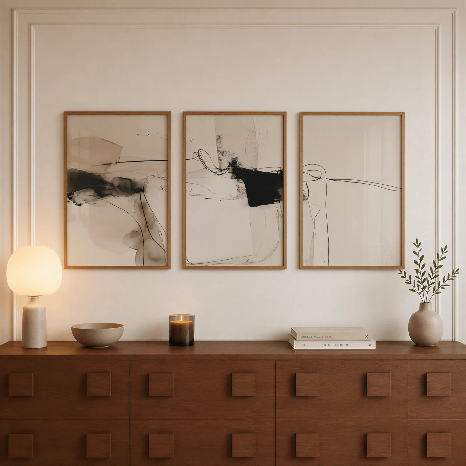 neutral abstract minimalist wall art set of 3, above a walnut sideboard with a lit candle and glowing lamp