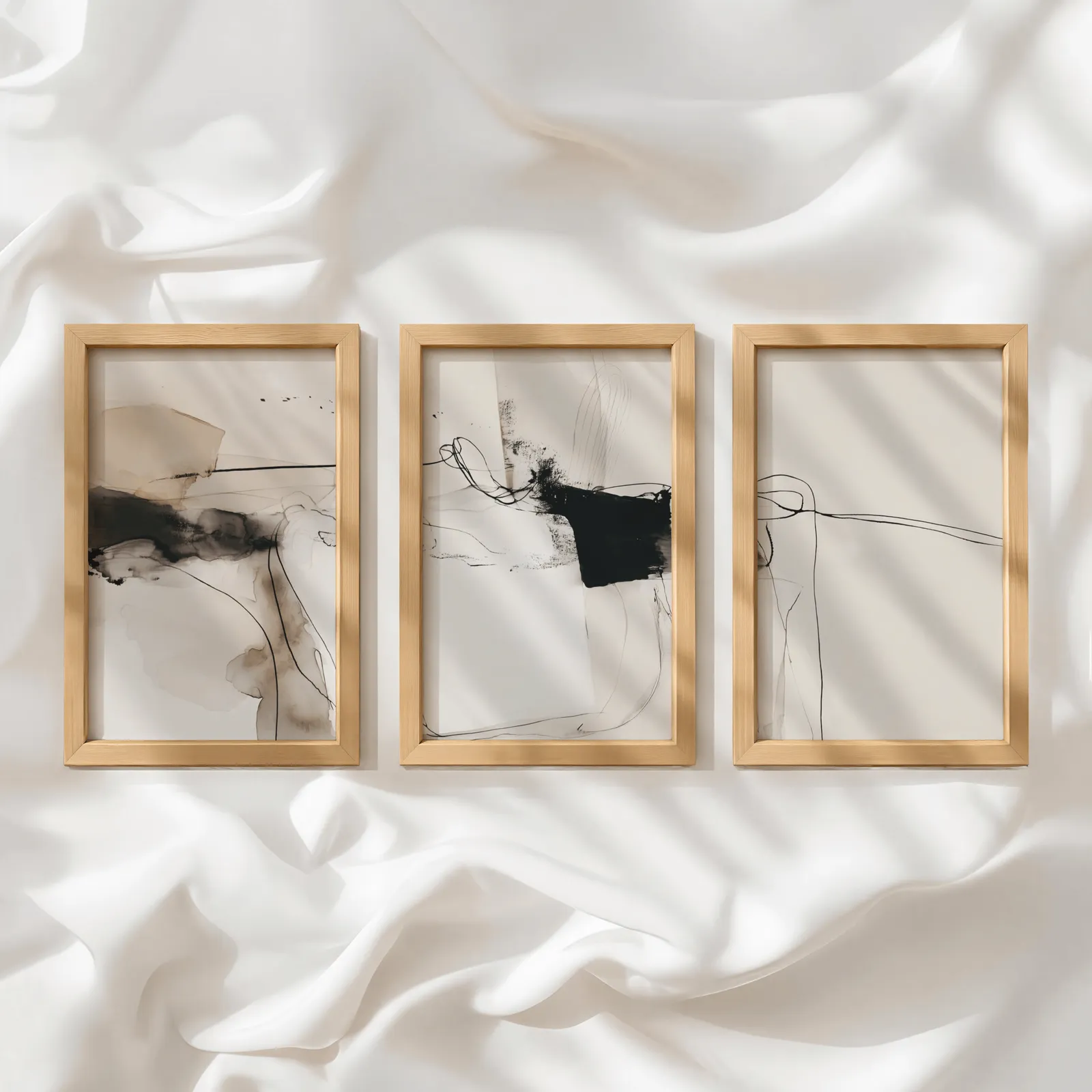neutral abstract minimalist wall art set of 3, in a row atop rumpled white silky fabric