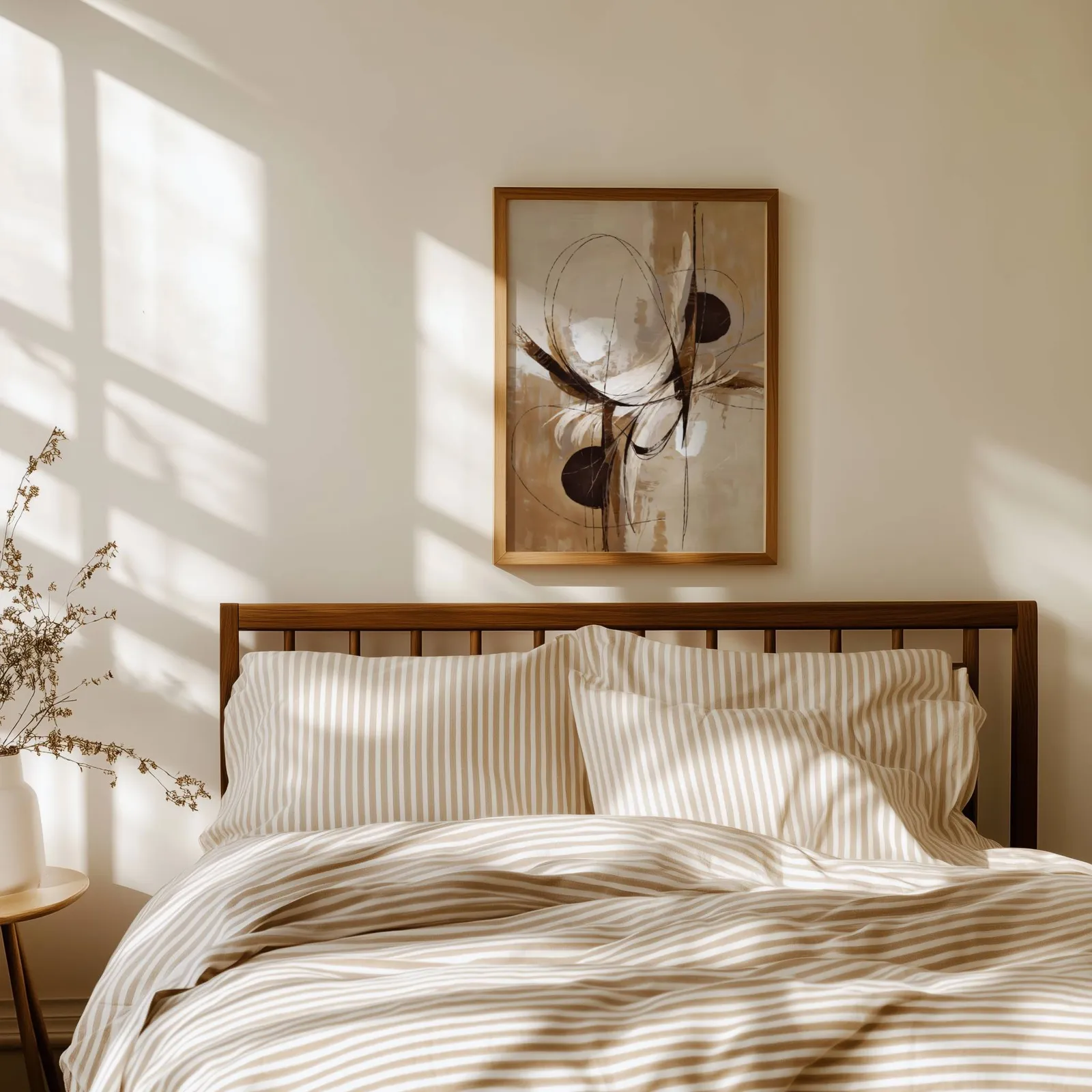 abstract neutral wall art in brown and beige, above a spindle headboard with striped linen bedding