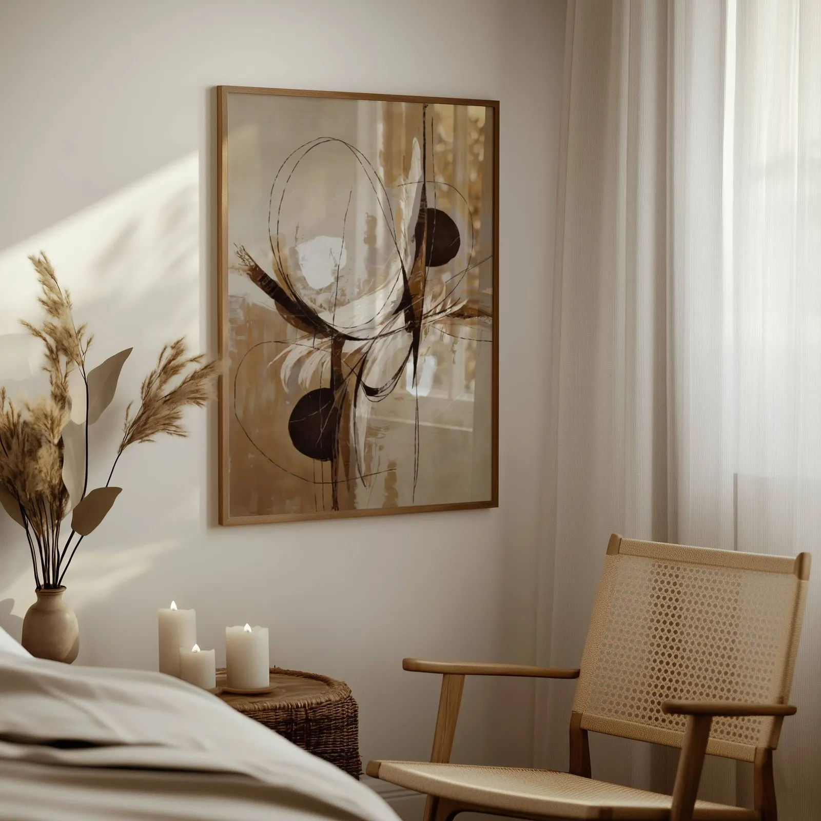 abstract neutral wall art in brown and beige, above a woven side table with lit candles and pampas grass