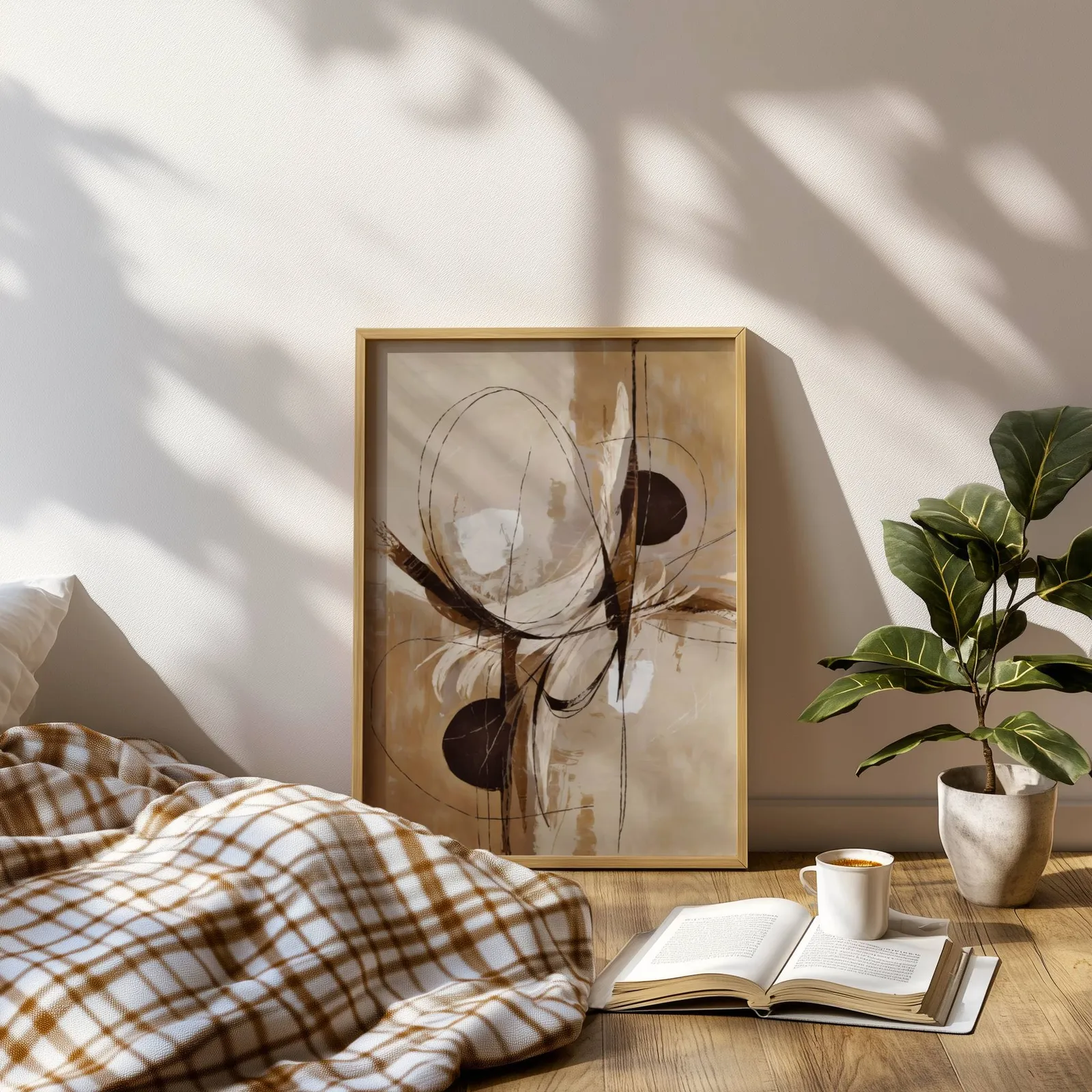abstract neutral wall art in brown and beige, leaning on a sunlit floor beside a plaid blanket and open book