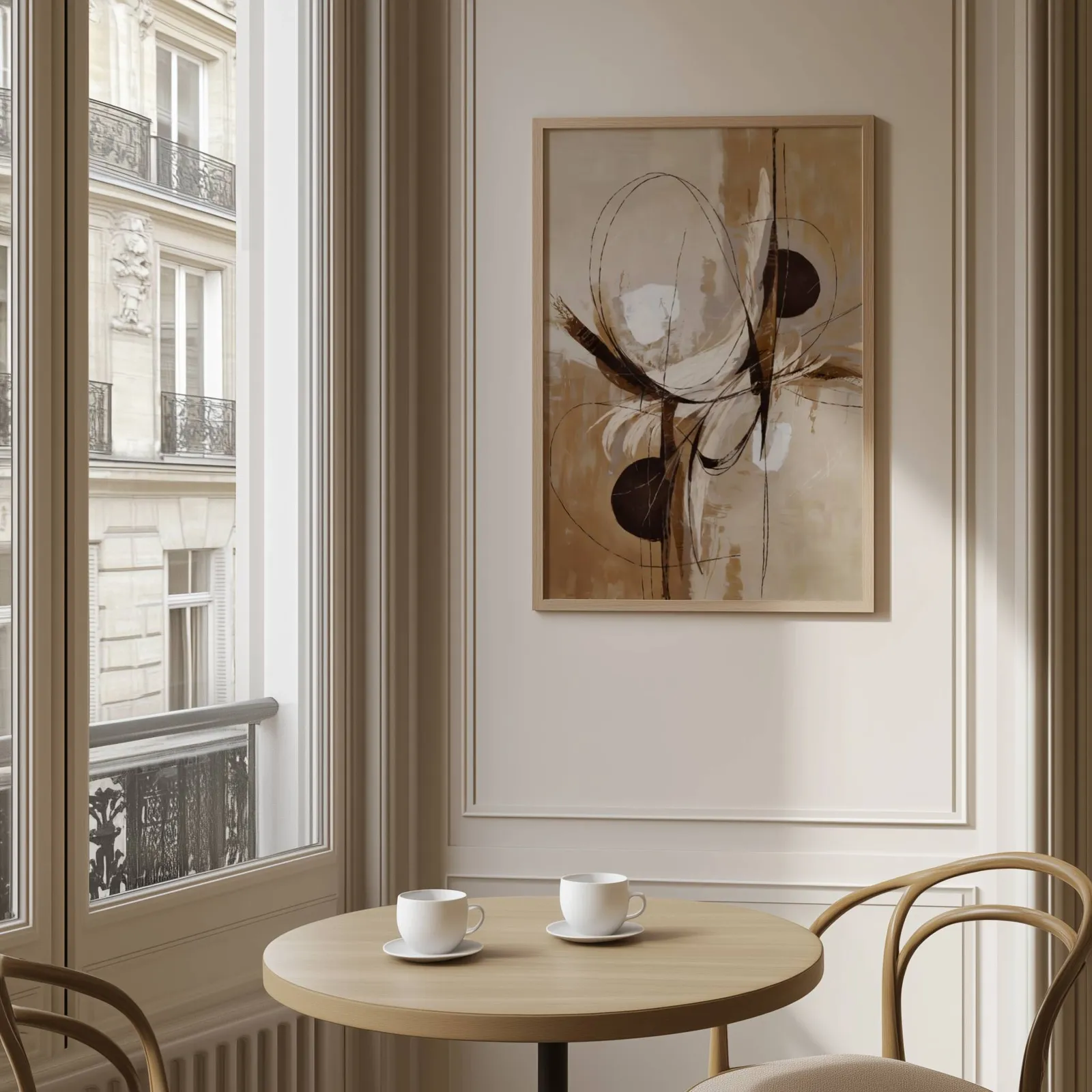 abstract neutral wall art in brown and beige, above a round café table set with two coffee cups