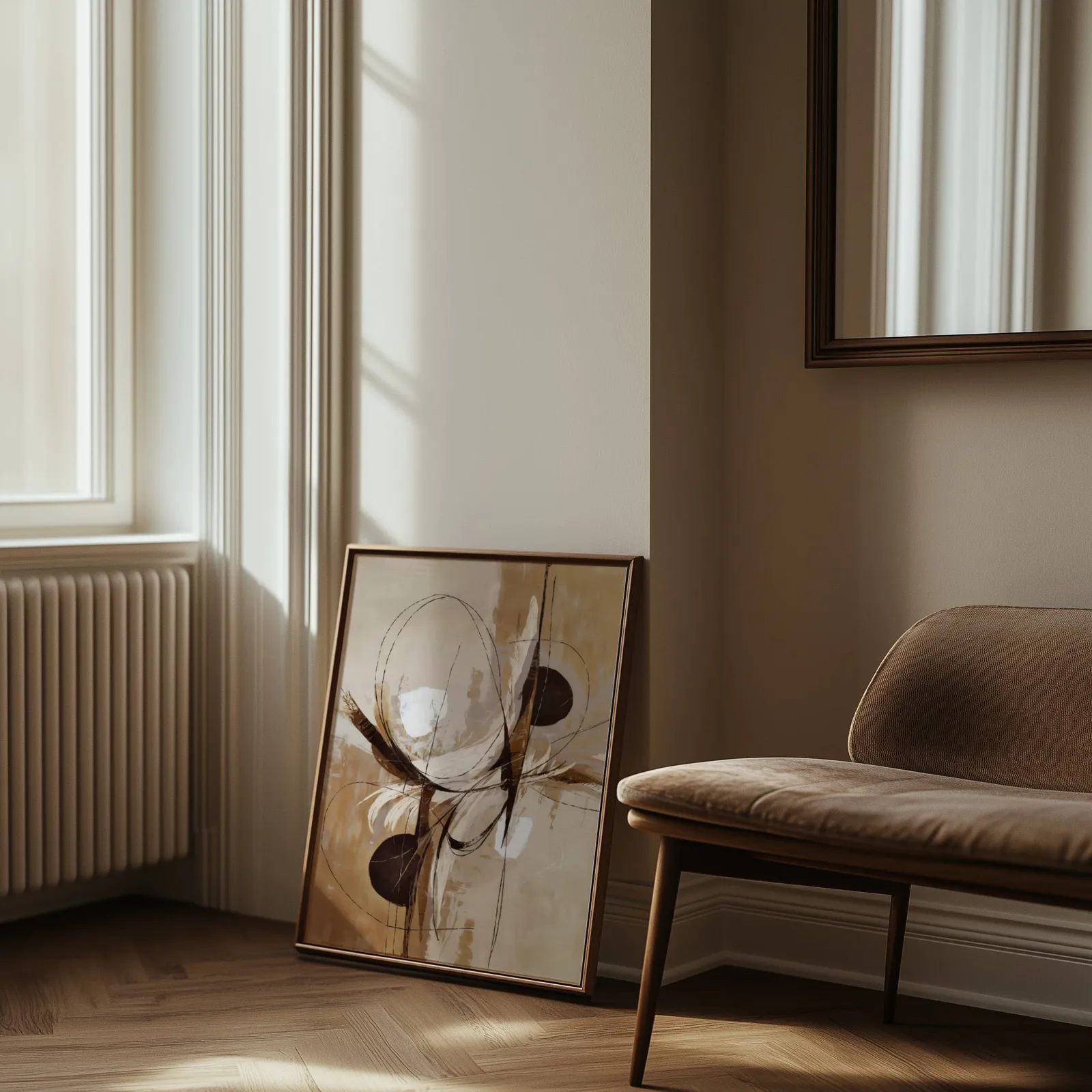 abstract neutral wall art in brown and beige, leaning against the wall beside a sunlit radiator and herringbone floor