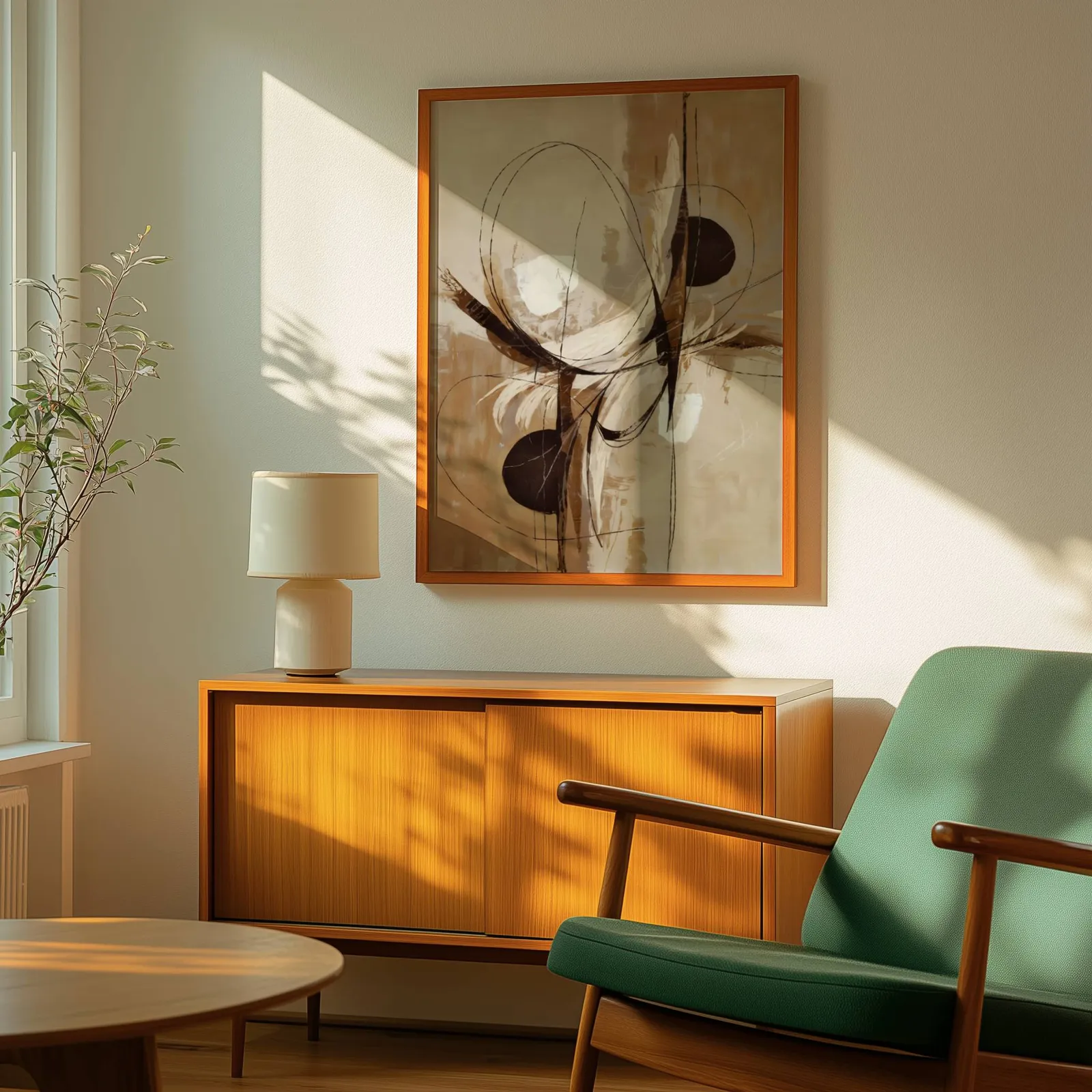 abstract neutral wall art in brown and beige, above a wooden sideboard with a ceramic lamp and dappled sunlight