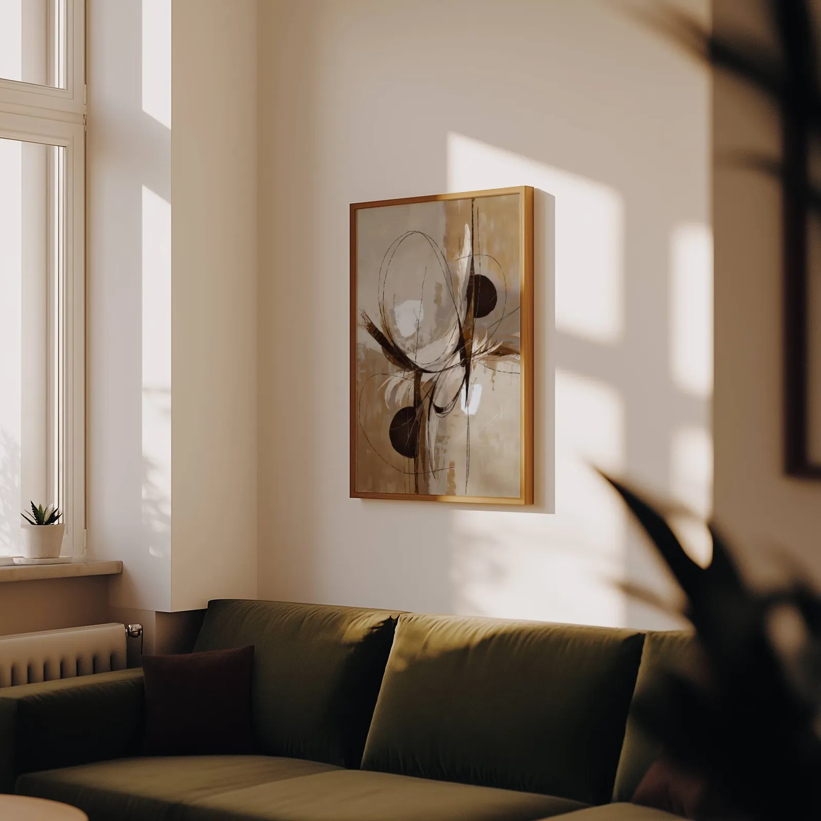 abstract neutral wall art in brown and beige, above an olive velvet sofa in raking afternoon light