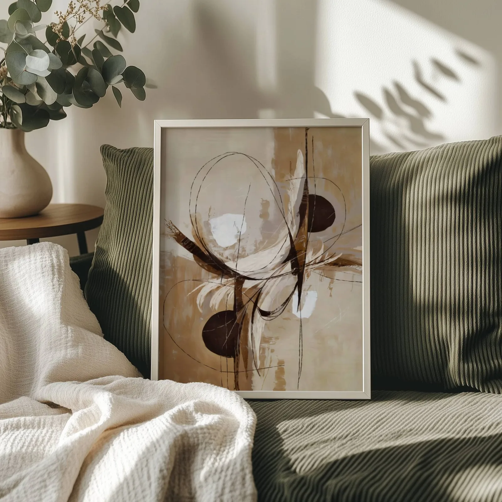 abstract neutral wall art in brown and beige, propped on an olive corduroy sofa beside a eucalyptus vase